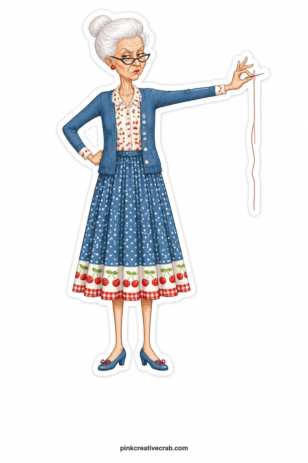 The Arm's-Length Threading printable page — Tall with a white bun and cat-eye glasses pushed down her nose, she squints hard and holds a needle at full arm's