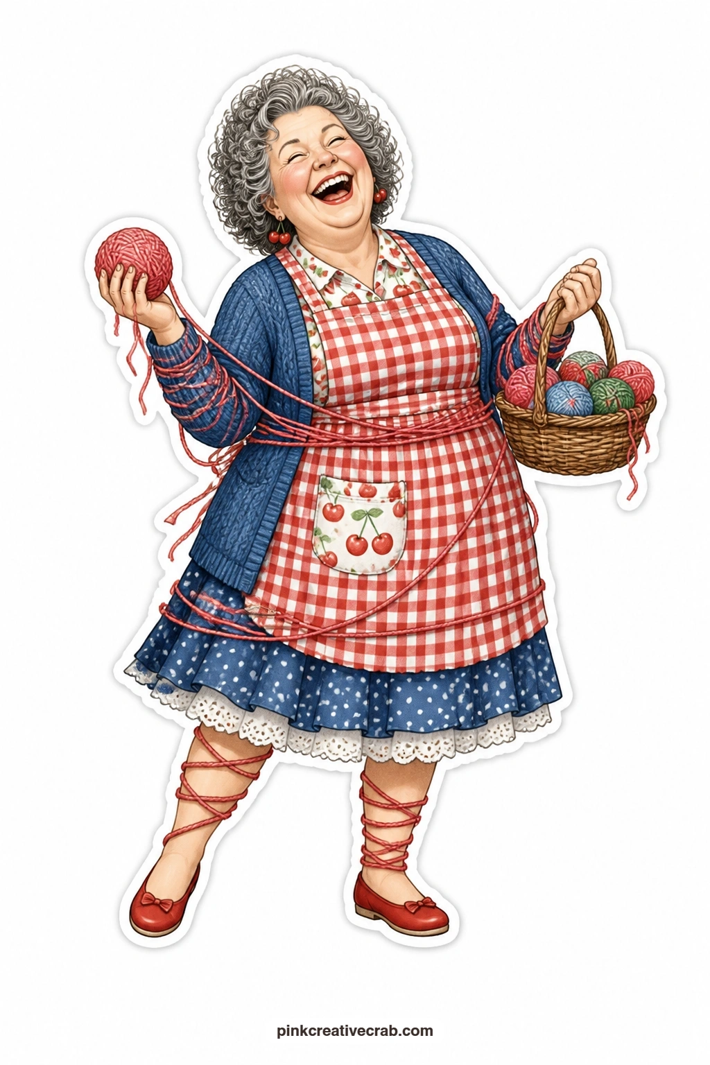 The Yarn Tangle Giggle printable page — Curly gray hair bouncing, gingham apron askew, she is tangled from head to toe in pink yarn and laughing out loud at