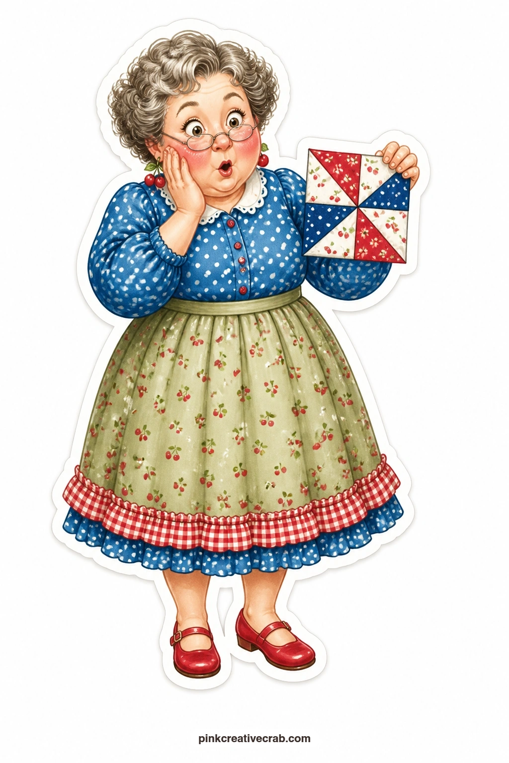 The Upside-Down Square printable page — Short and round in her polka dot blouse, cheeks flushed pink with embarrassment, she holds up a quilt square sewn