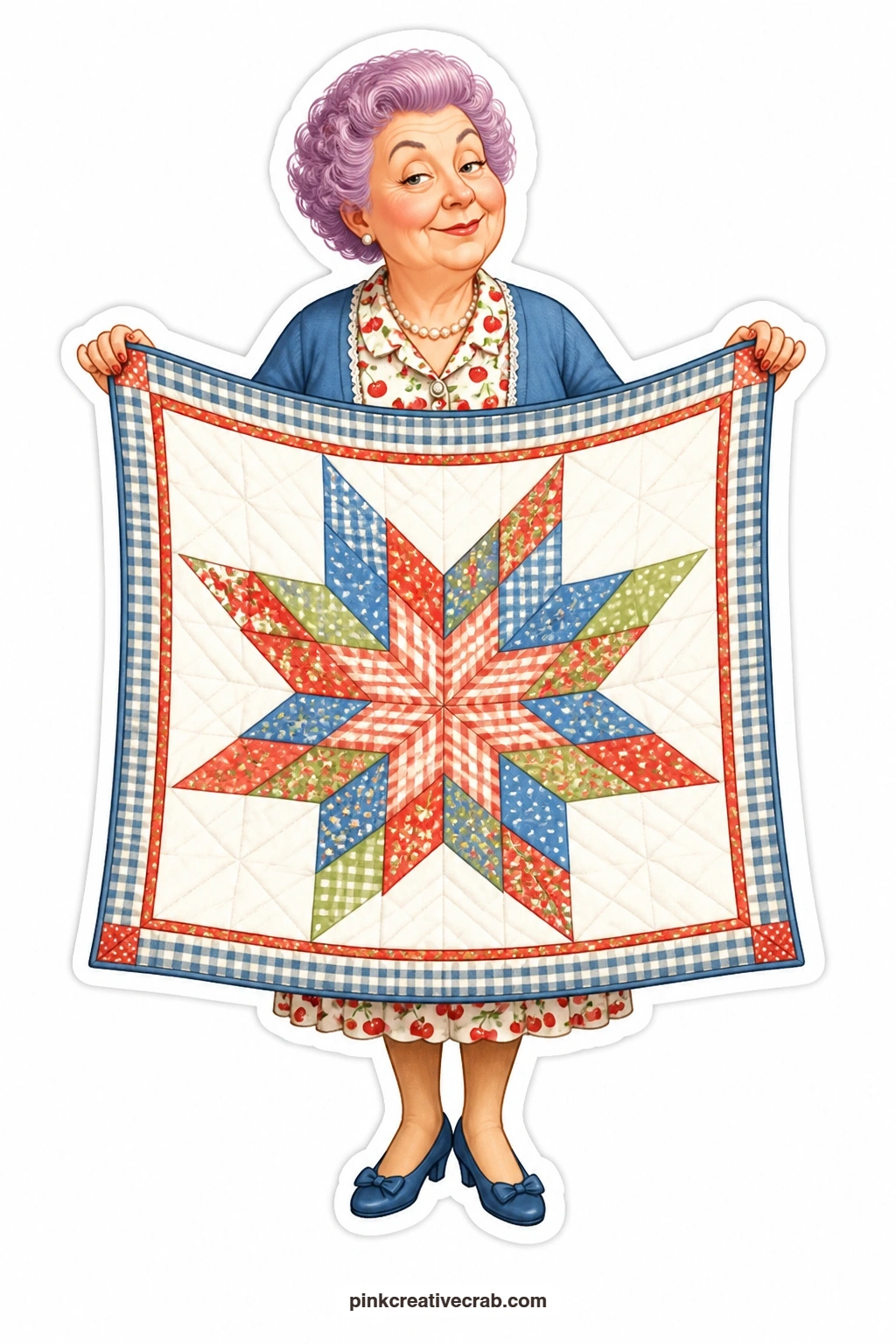 The Star Quilt Trophy printable page — Her lavender rinse perm sits just so as she shows off a finished star quilt like a trophy, chin high, utterly smug about