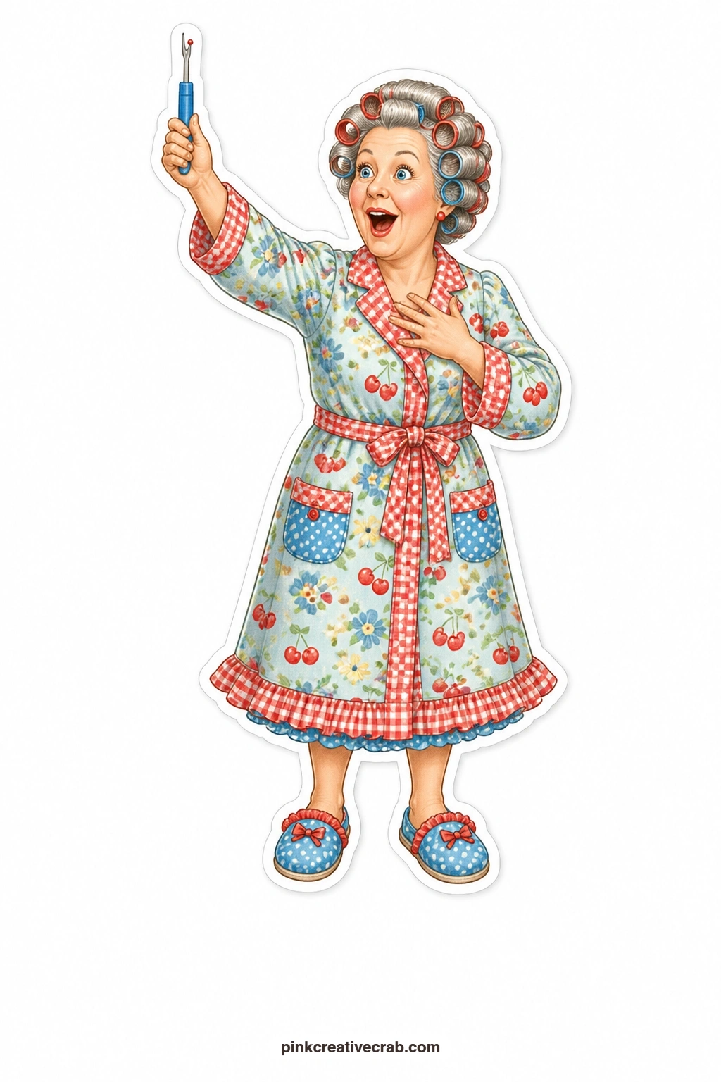 The Seam Ripper Wand printable page — Curlers still in and housecoat on, she gasps in amazement at her own seam ripper, holding it up and out like a magic wand