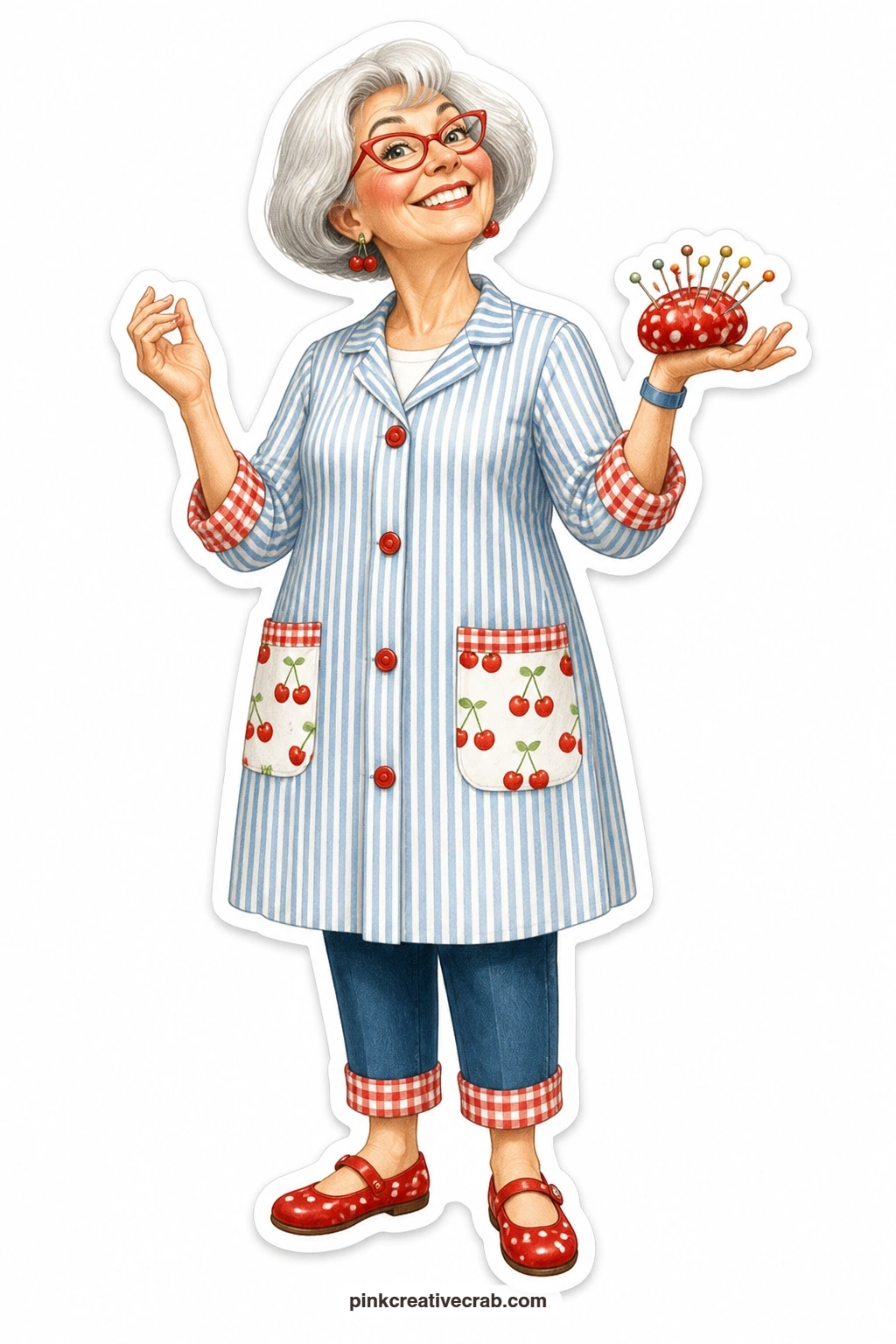 The Pincushion Bracelet printable page — Silver bob neat under a striped smock, she beams with pride while wearing a pincushion strapped to her wrist like the