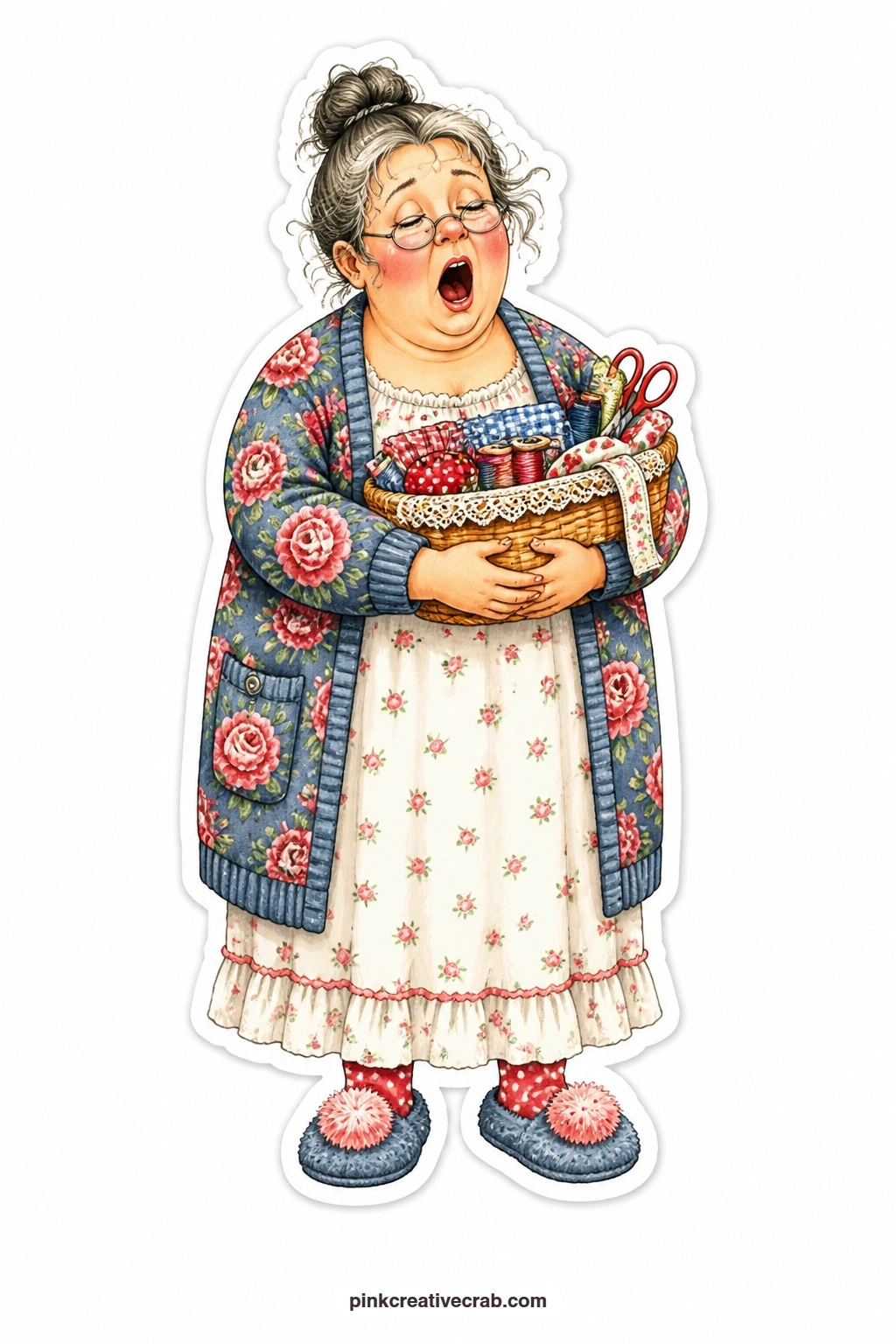 The Midnight Sewing Basket printable page — Plump in a rose print cardigan and fuzzy slippers, eyes heavy and yawning wide, she carries her sewing basket