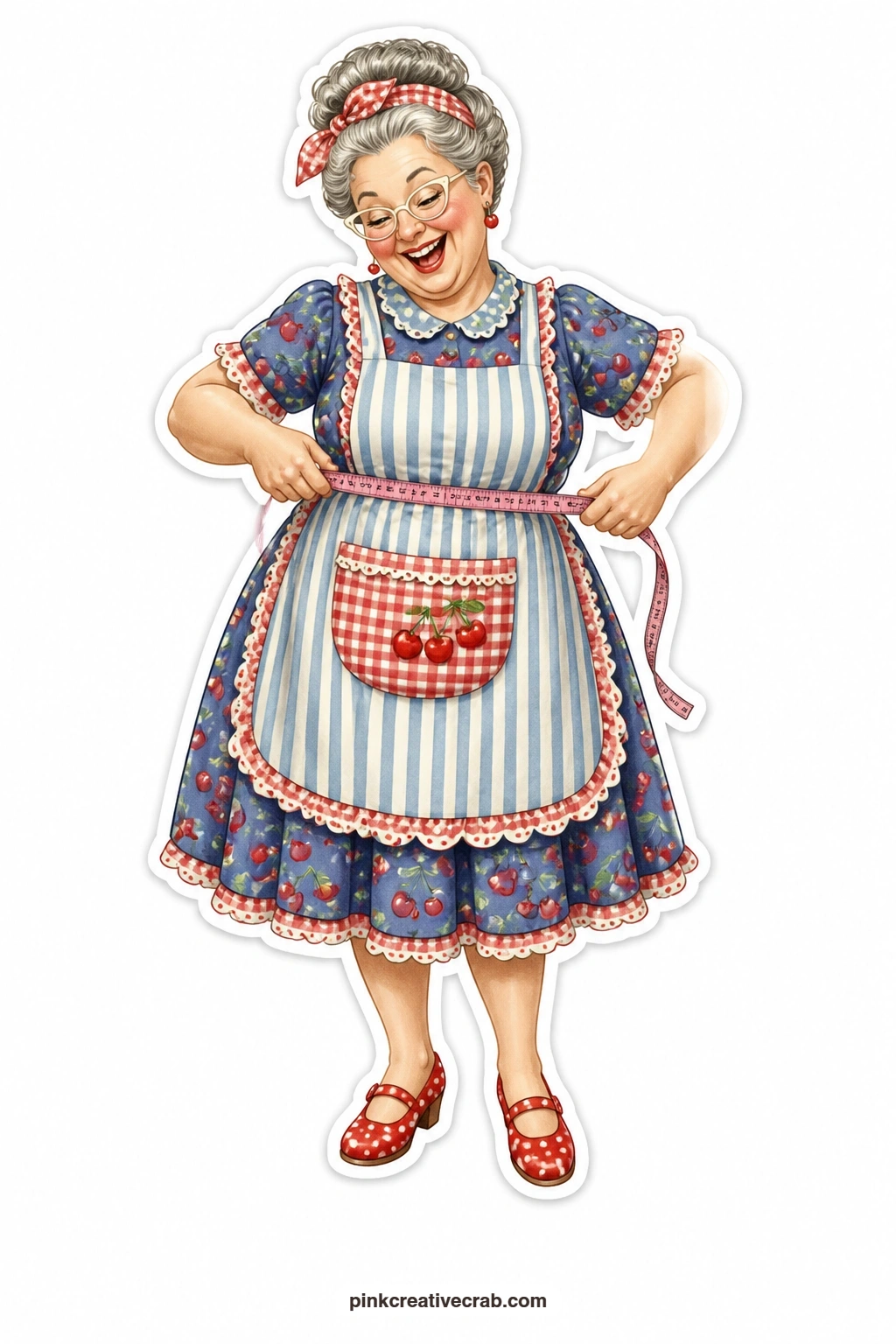 The Waist Tape Measure printable page — Giggling in her ticking stripe apron, she wraps a pink tape measure around her own waist, clearly amused at whatever