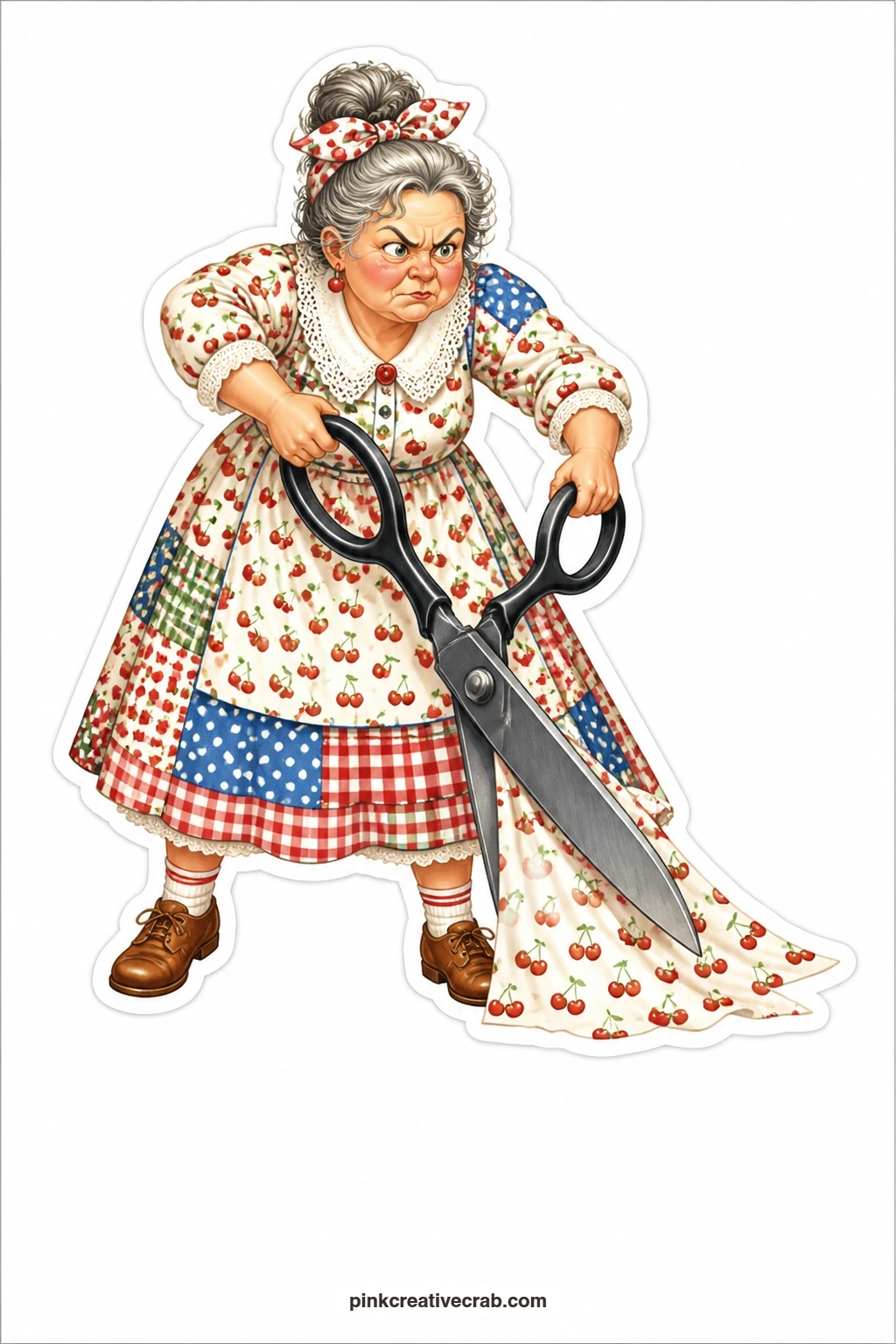 The Giant Shears Push printable page — Lace collar crisp against her calico dress, she frowns with full determination, pushing an enormous pair of fabric