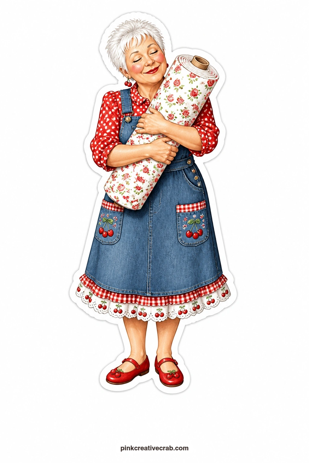 The Rosebud Bolt Cuddle printable page — Short white crop and denim pinafore suit her dreamy smile as she cuddles a whole bolt of rosebud cotton fabric against