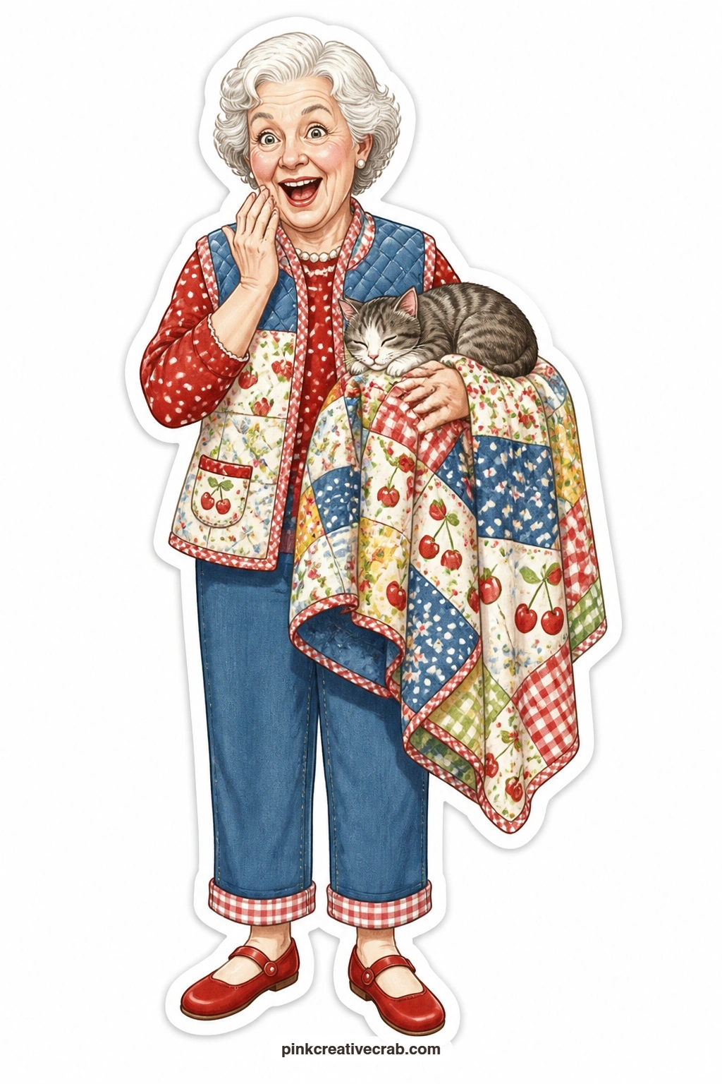The Cat on the Quilt printable page — Pearls catching the light over her quilted vest, she laughs in surprise at the sleepy cat sprawled across her