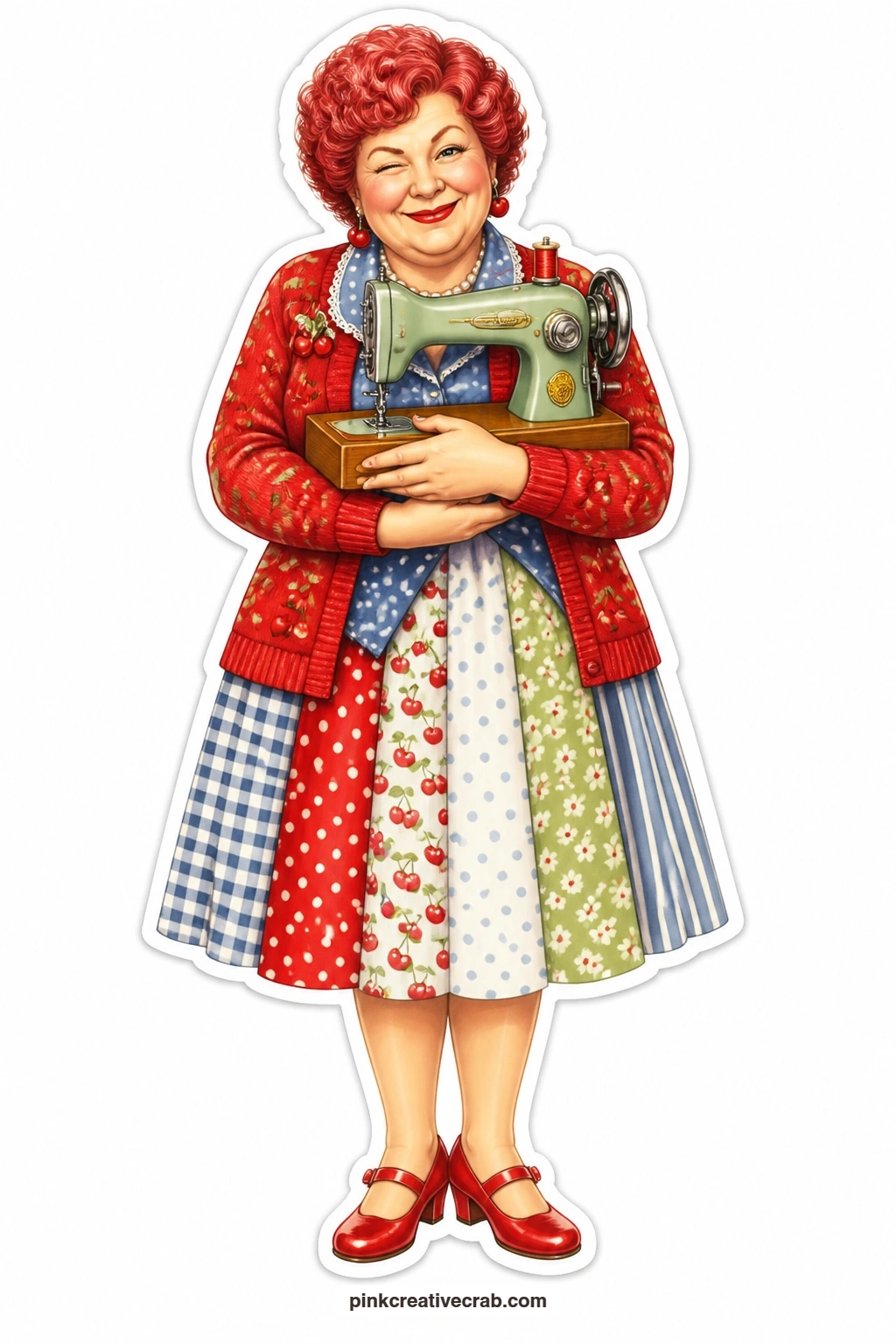 The Sewing Machine Baby printable page — Red-tinted perm bouncing, she winks broadly while cradling her sewing machine in both arms exactly like a newborn