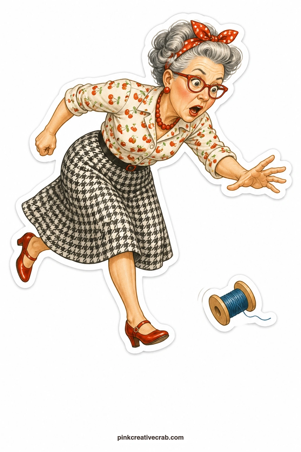 The Runaway Spool Chase printable page — Petite in a houndstooth skirt, eyes wide with panic, she chases a spool of thread rolling away across the floor as if