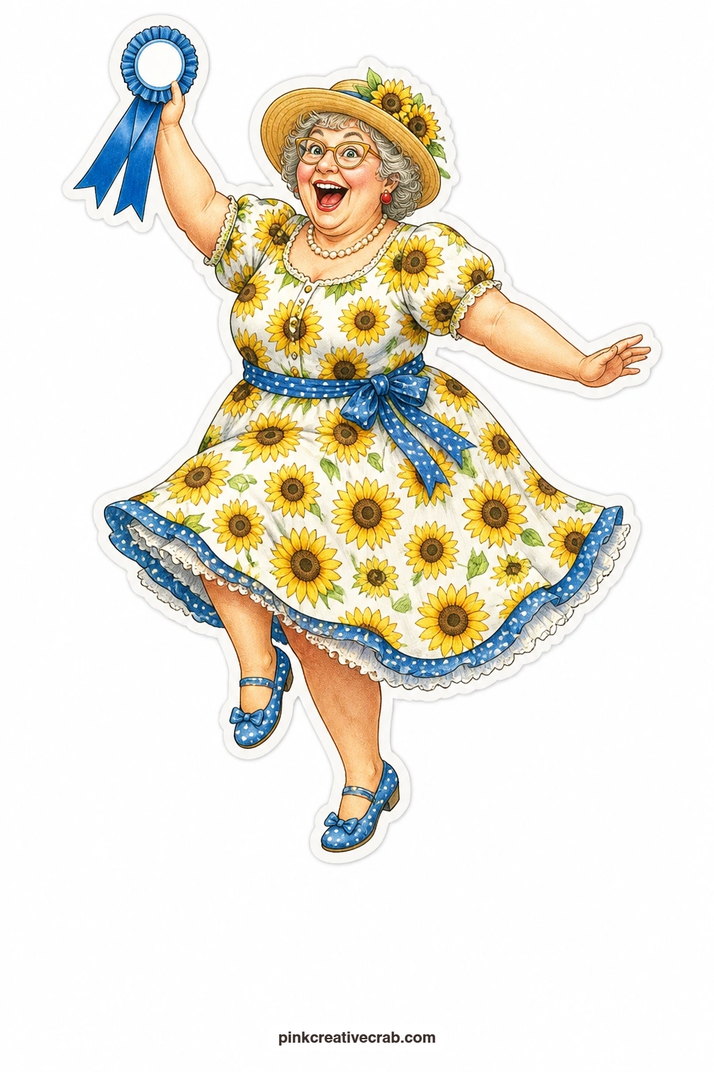 The Prize Ribbon Dance printable page — Round in her sunflower print dress, she dances on the spot, overjoyed, waving a blue prize ribbon won at the county