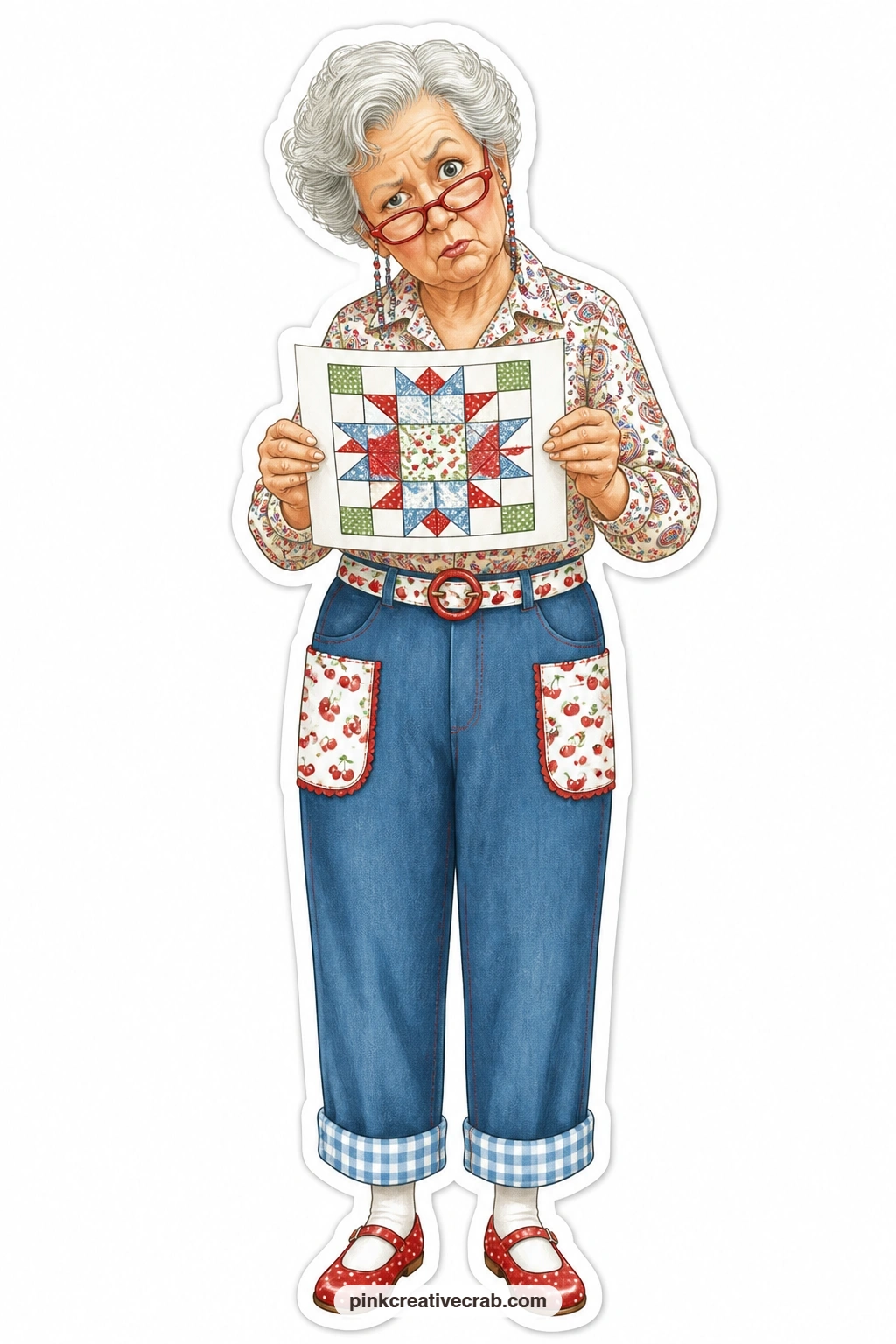 The Upside-Down Pattern printable page — Glasses swinging on their chain, she tilts her head in pure puzzlement, holding a quilt pattern sheet upside down