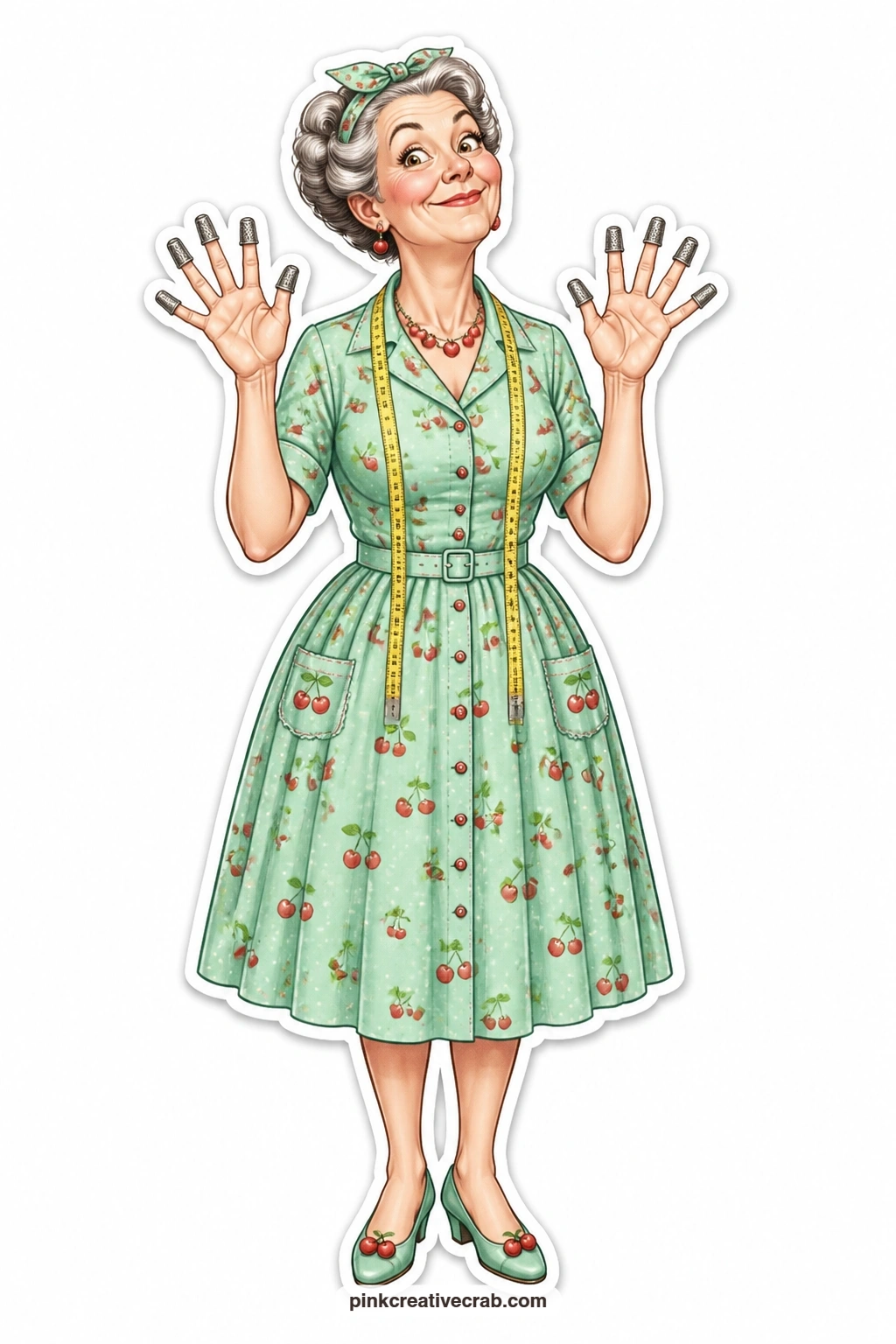 The Thimble on Every Finger printable page — Chin up and proud in her mint shirtwaist dress, she wears a tape measure as a necklace and a thimble on every