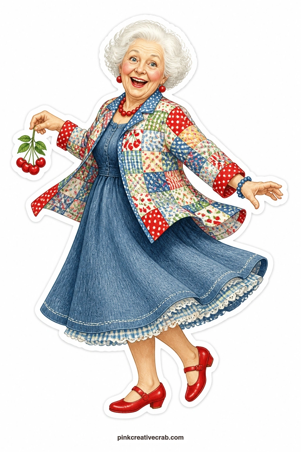 The Patchwork Jacket Twirl printable page — Fluffy white hair catching the light, she twirls to show off a patchwork jacket she made entirely herself, beaming