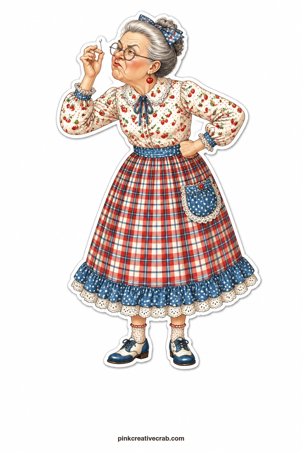 The Broken Needle Pout printable page — Tall in a plaid skirt, bottom lip stuck out in a full pout, she holds a broken needle up to the light to inspect the