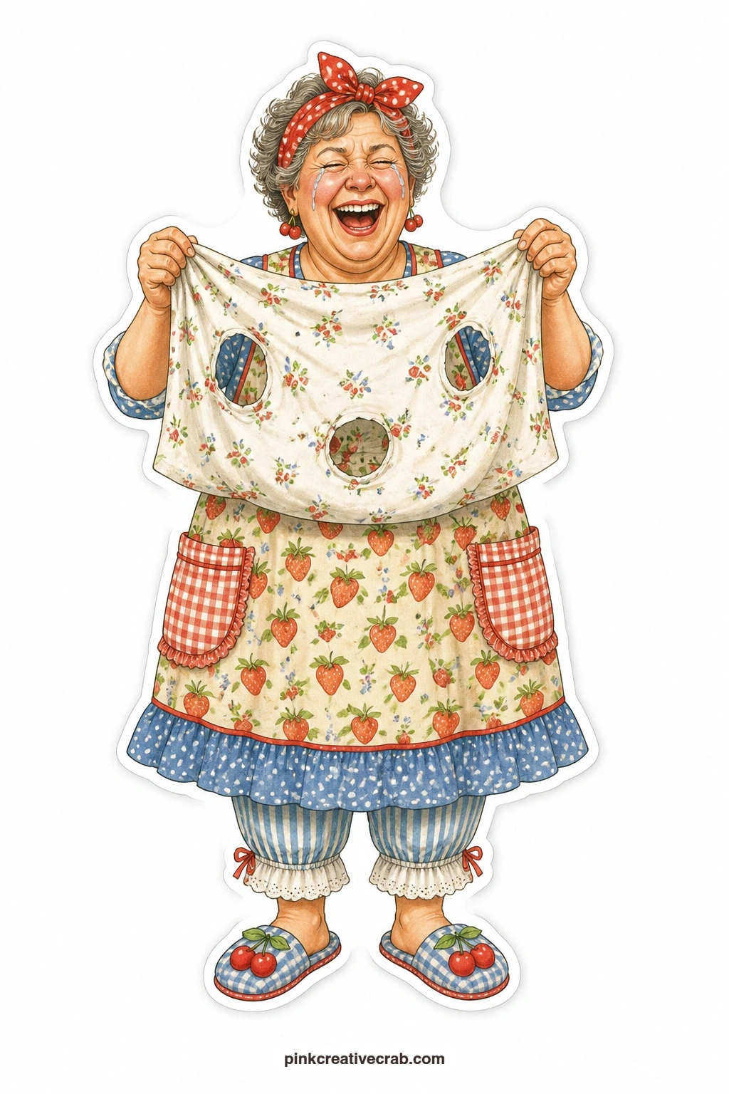 The Three-Armhole Pillowcase printable page — Strawberry print smock dotted with stray threads, she laughs so hard tears roll down, holding up a pillowcase she