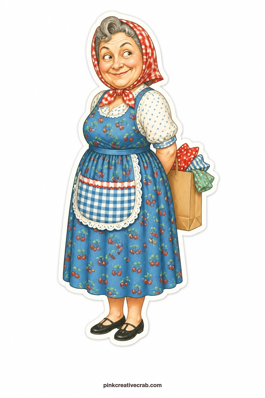 The Hidden Fabric Bag printable page — Gingham scarf tied over her hair, she grins a sneaky grin, hiding a brand new fabric shop bag behind her back as though