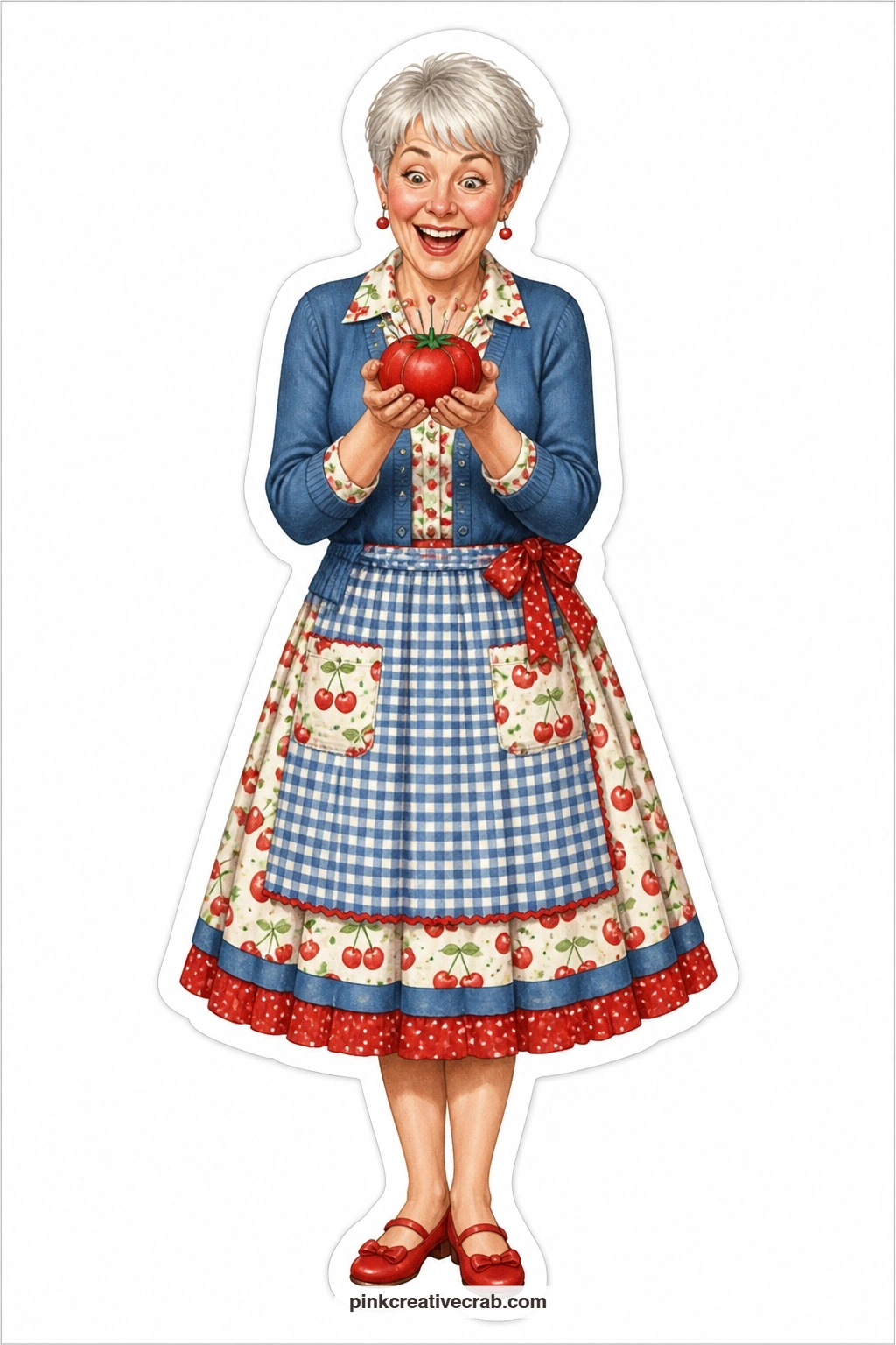 The Tomato Pincushion Delight printable page — Silver pixie cut neat under a buttoned cardigan, she holds up a plump tomato-shaped pincushion with pure
