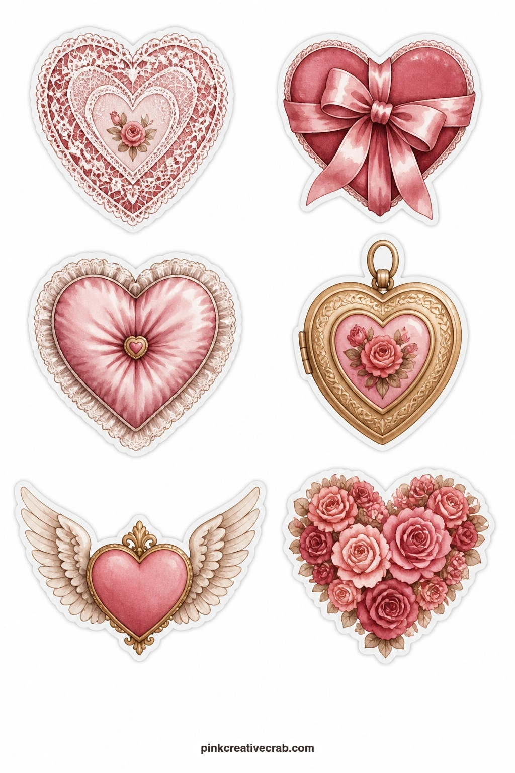 Lace Heart Stickers printable page — Open the set with a lace heart, a heart with a ribbon, a puffy satin heart, a heart locket, a heart with wings and a heart