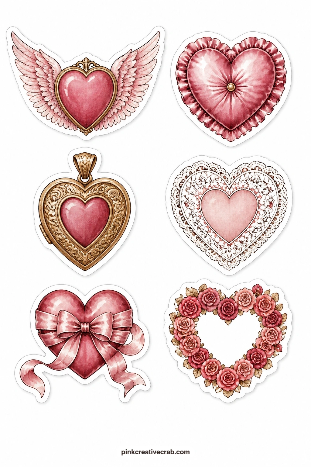 Winged Heart Labels printable page — Set this one beside the lace heart sheet above and you have enough hearts to carry a whole card front without any single