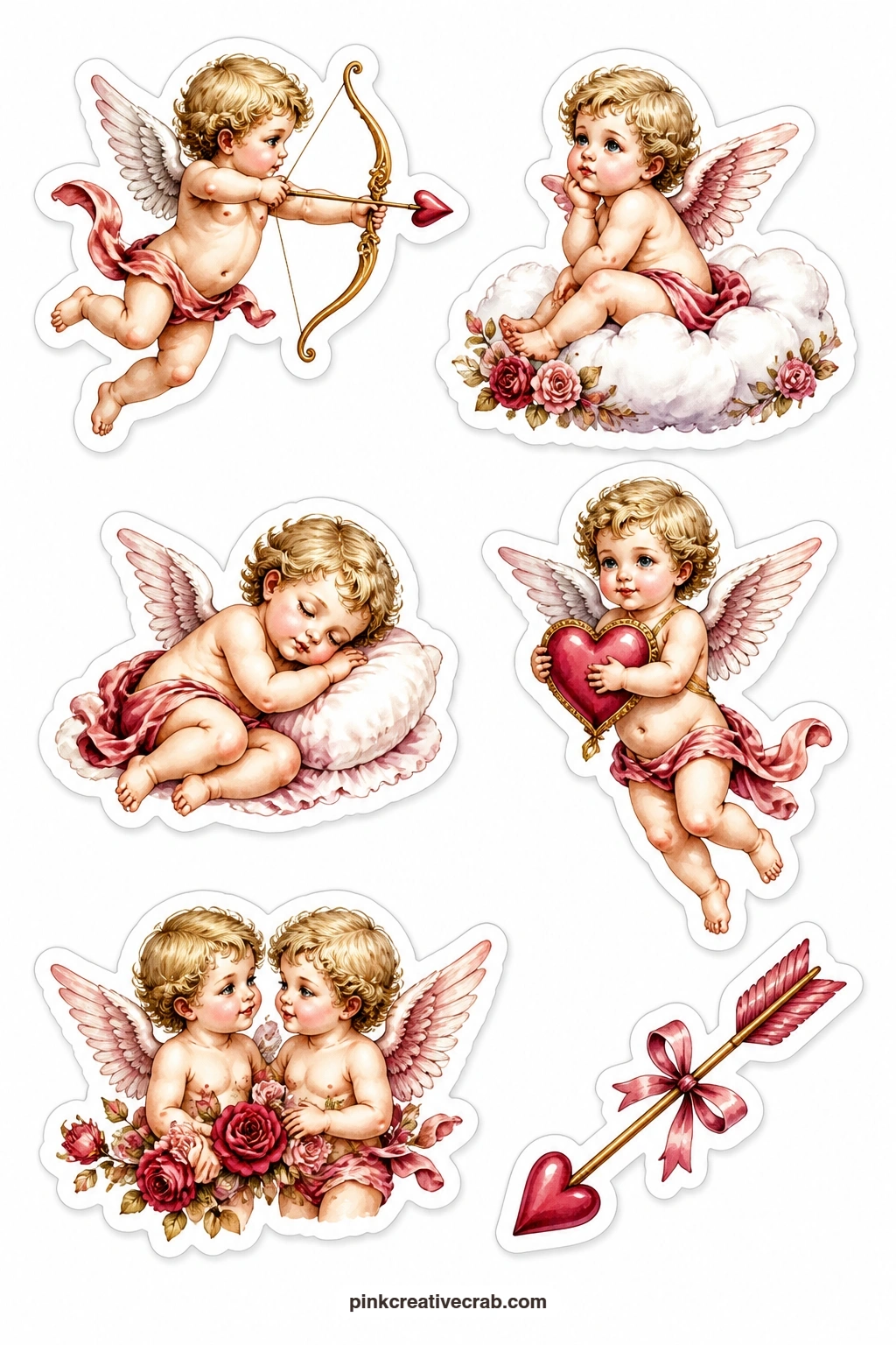 Cupid With A Bow Stickers printable page — Cupid with a bow, a cherub on a cloud, a sleeping cupid, a cupid with a heart, a pair of cherubs and a cupid arrow
