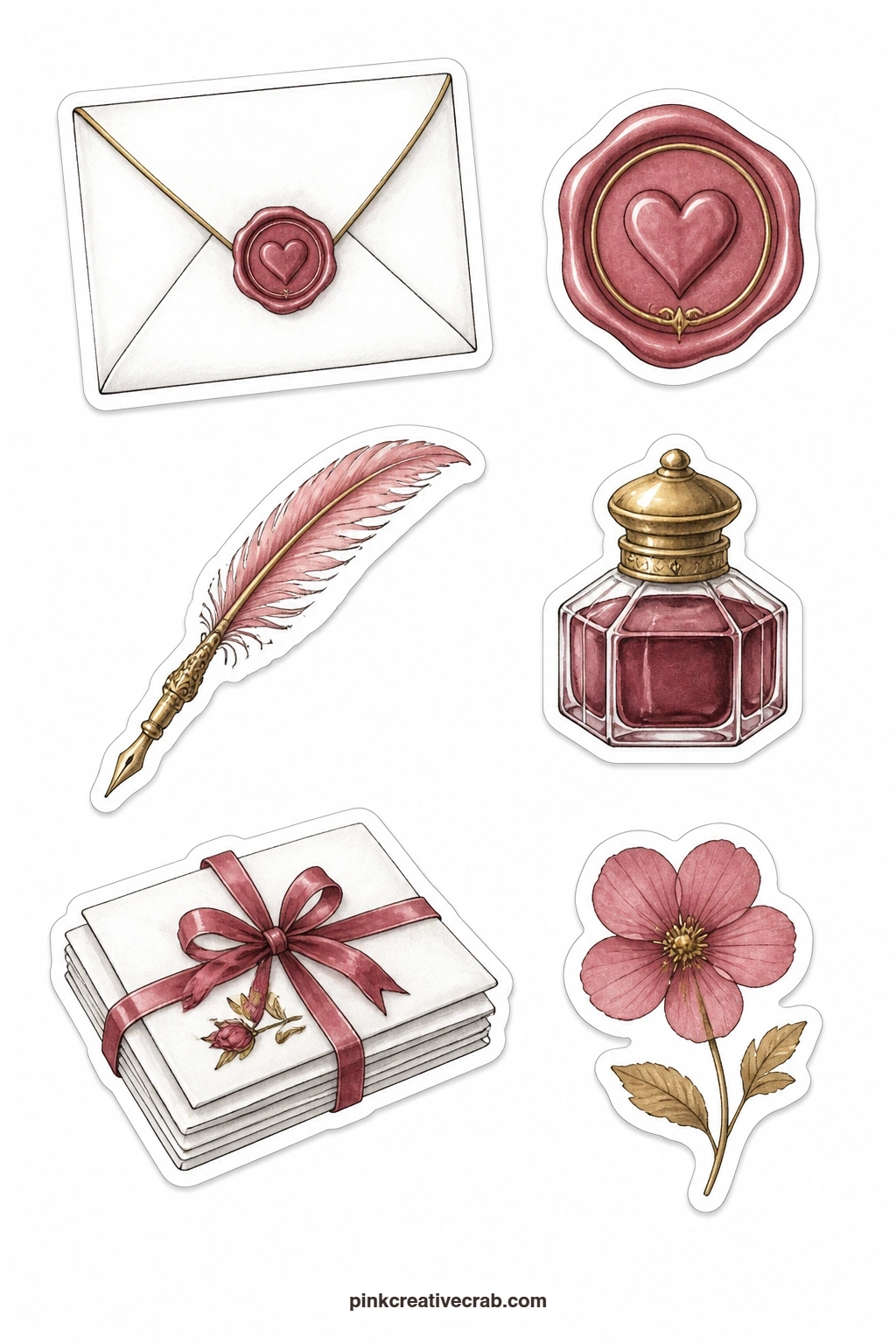 Sealed Envelope Stickers printable page — A sealed envelope, a wax seal, a quill, an ink pot, a bundle of letters tied with ribbon and a pressed flower make a