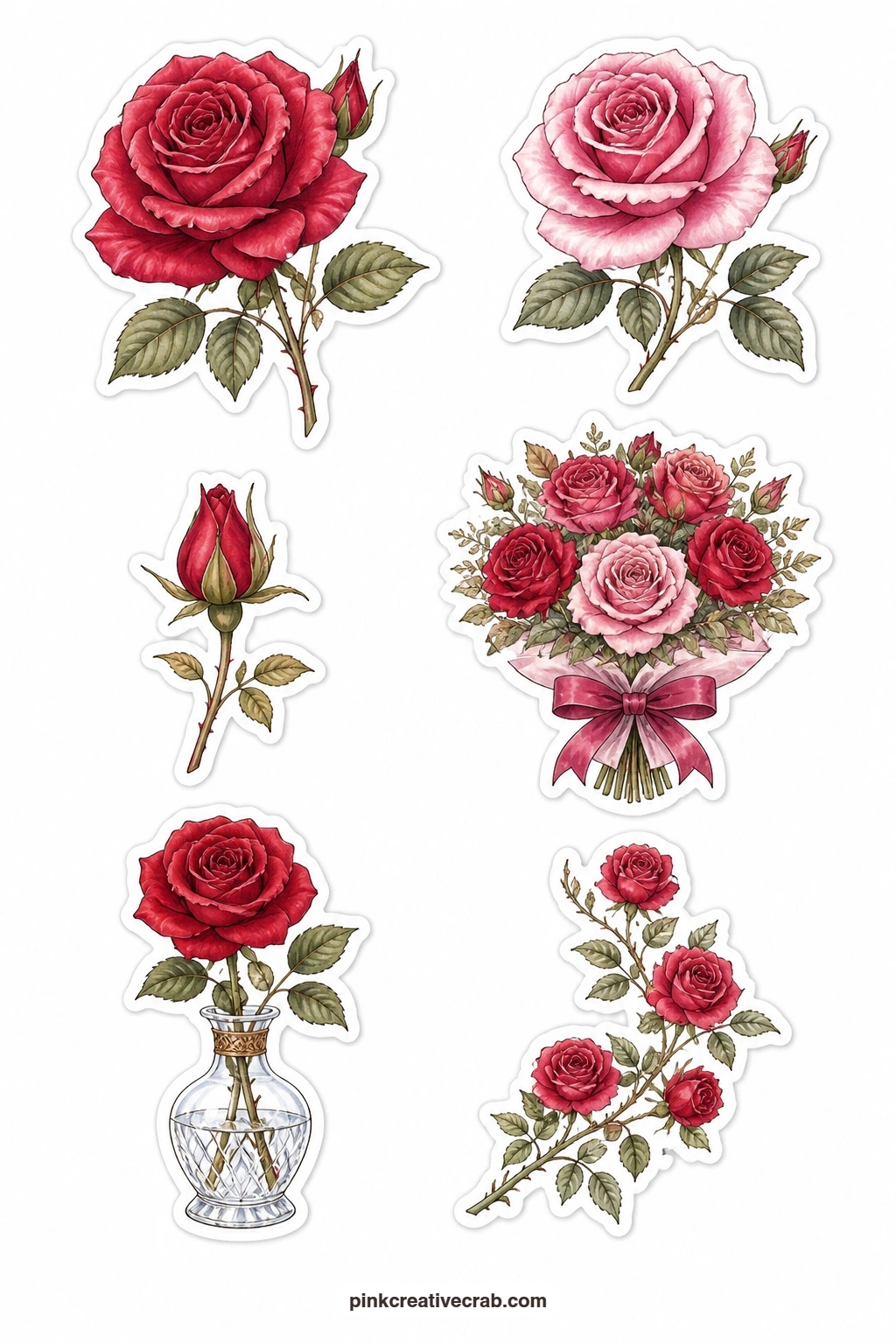 Red Rose Stickers printable page — A red rose, a pink rose, a rosebud, a rose bouquet, a rose in a vase and a climbing rose sprig give you every stage of a