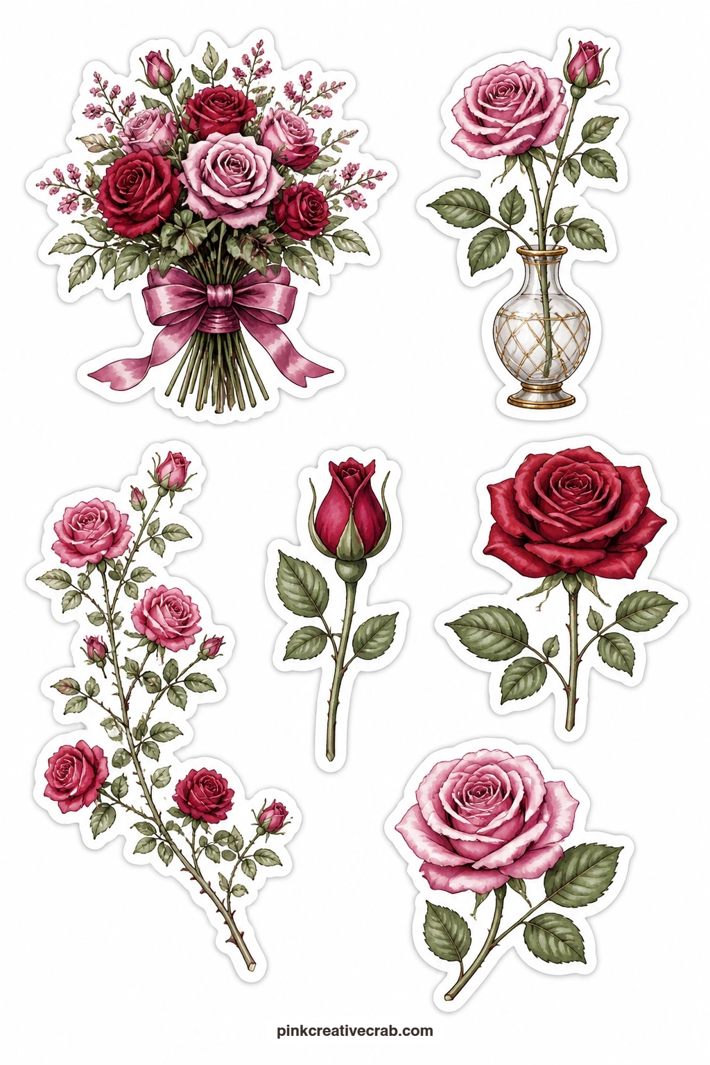 Rose Bouquet Labels printable page — Pair this sheet with the lovebird sheet further down for a card that reads like a little garden scene, roses along the
