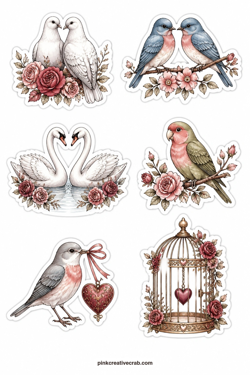 Pair Of Doves Stickers printable page — A pair of doves, two bluebirds, a pair of swans, a lovebird on a branch, a bird with a heart and a birdcage carry the
