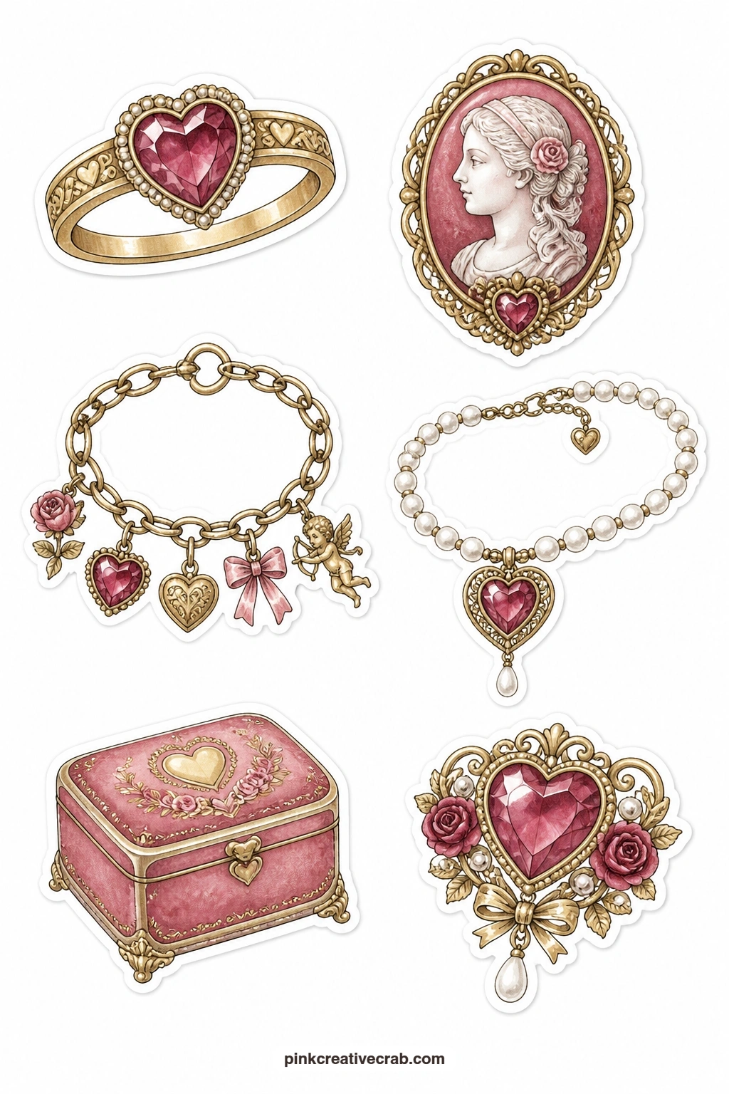 Heart Ring Stickers printable page — A heart ring, a cameo, a charm bracelet, a pearl necklace, a jewelry box and a brooch turn a page into a little drawer of