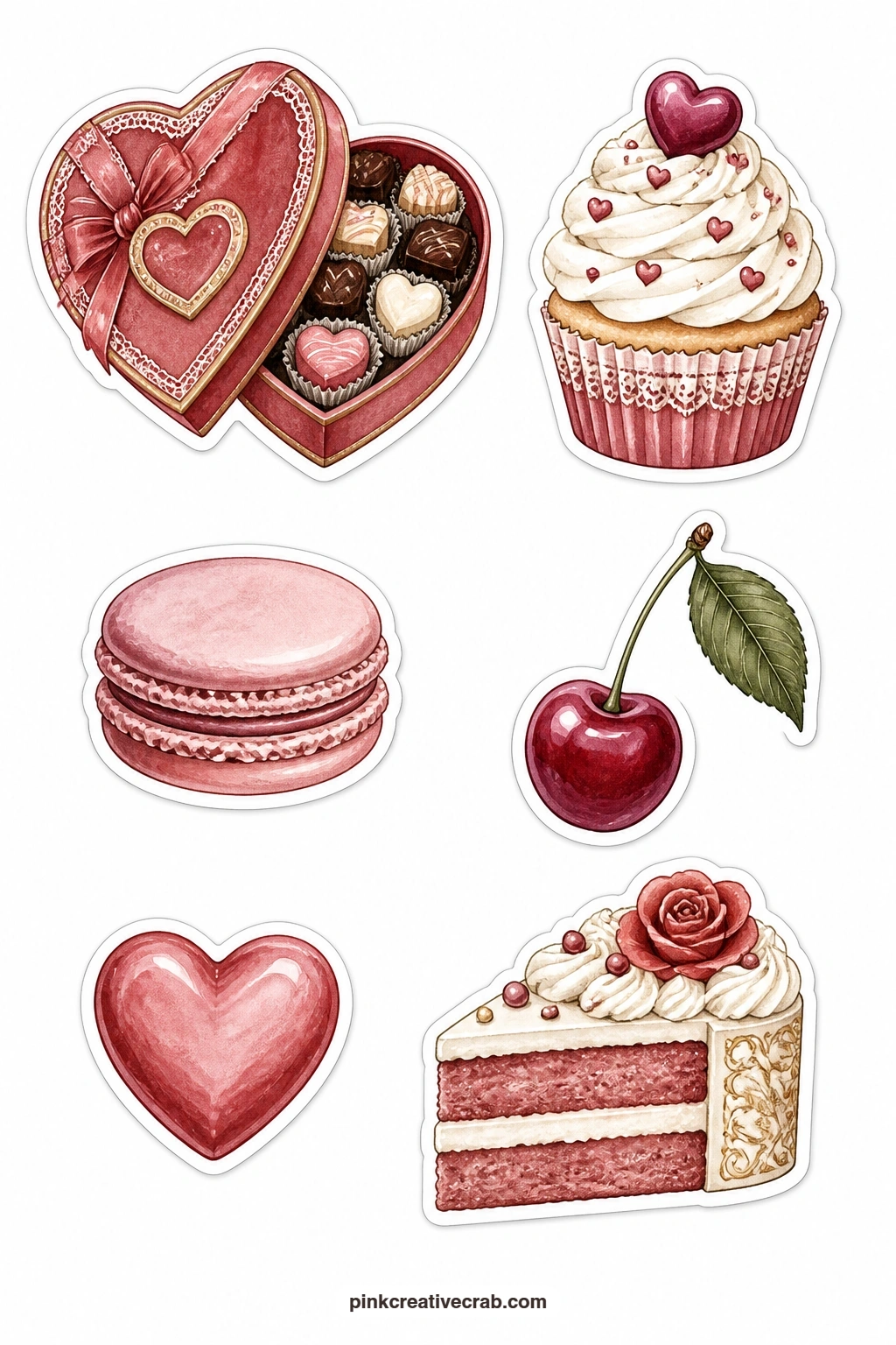 Heart Box Of Chocolates Stickers printable page — A heart box of chocolates, a cupcake, a macaron, a cherry, a plain candy heart and a slice of cake make this