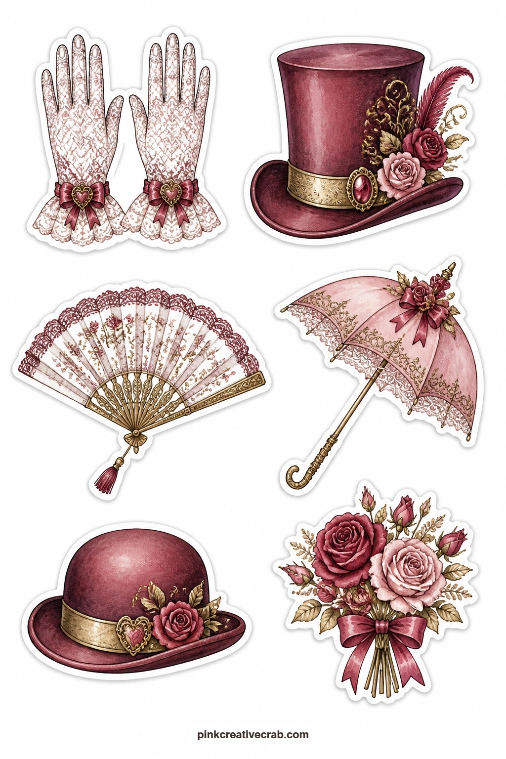 Lace Gloves And Top Hat Stickers printable page — A pair of gloves, a top hat, a fan, a parasol, a bowler hat and a bouquet bring in the courting props of an