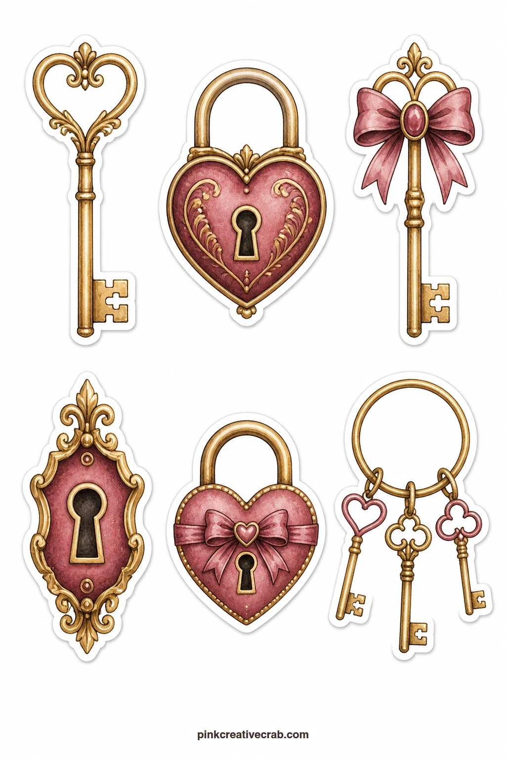 Skeleton Key Stickers printable page — A skeleton key, a heart padlock, a key with a bow, a keyhole plate, a love lock and a keyring carry the old idea of a