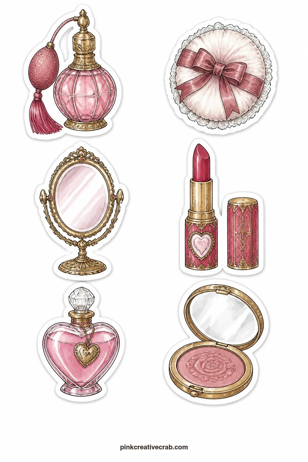 Perfume Atomizer Stickers printable page — A perfume atomizer, a powder puff, a vanity mirror, a lipstick, a scent bottle and a compact fill out a dressing
