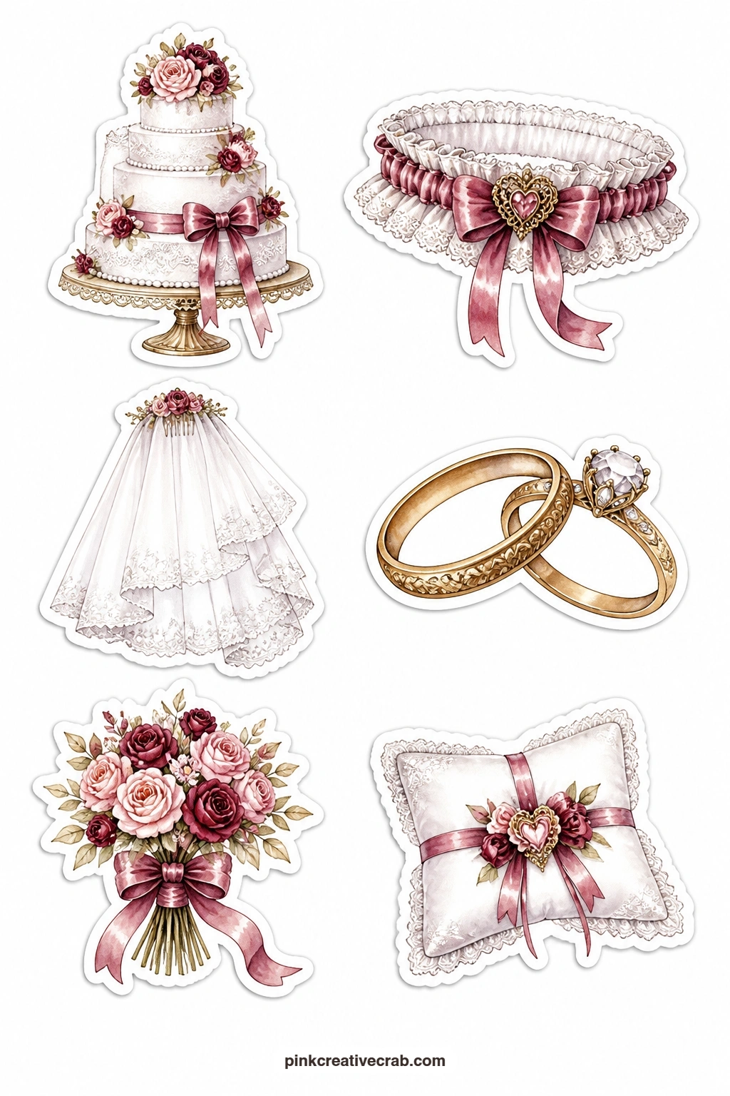 Wedding Cake Stickers printable page — A wedding cake, a garter, a veil, a pair of rings, a bouquet with ribbons and a ring pillow give you a full set for