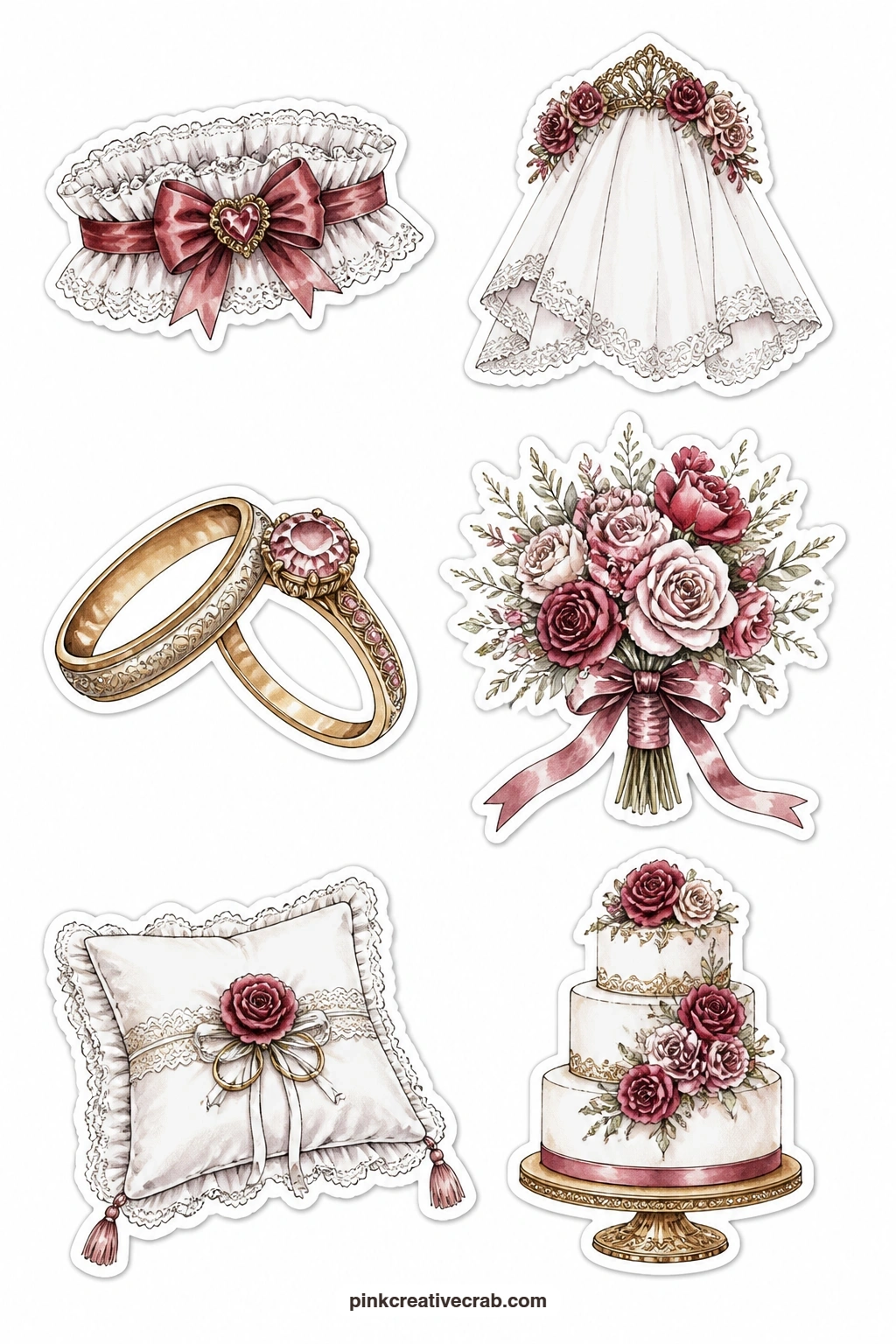 Veil And Ring Pillow Labels printable page — Set the pair of rings and ring pillow together near the centre of a card, then let the veil trail off to one side