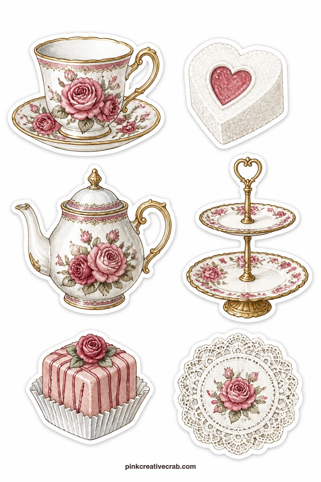 Rose Teacup Stickers printable page — Fill a tea themed page with a rose teacup, a heart sugar cube, a teapot with roses, a tiered cake stand, a petit four and