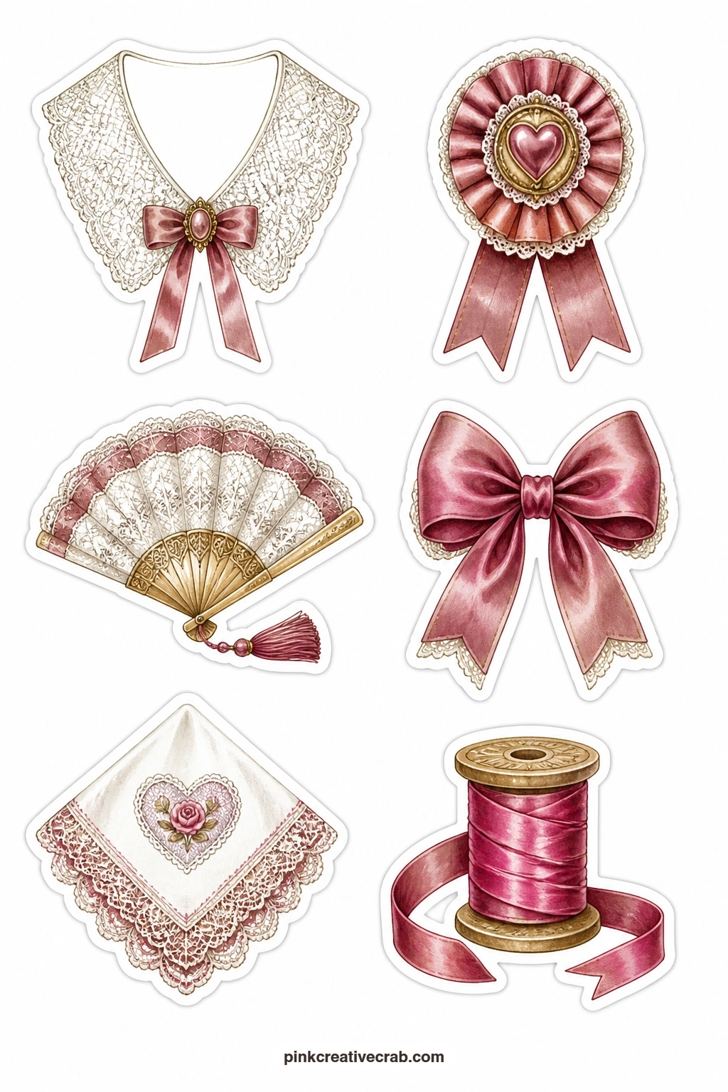 Lace Collar Stickers printable page — A lace collar, a ribbon rosette, a lace fan, a satin bow, a lace handkerchief and a ribbon spool work as quiet border