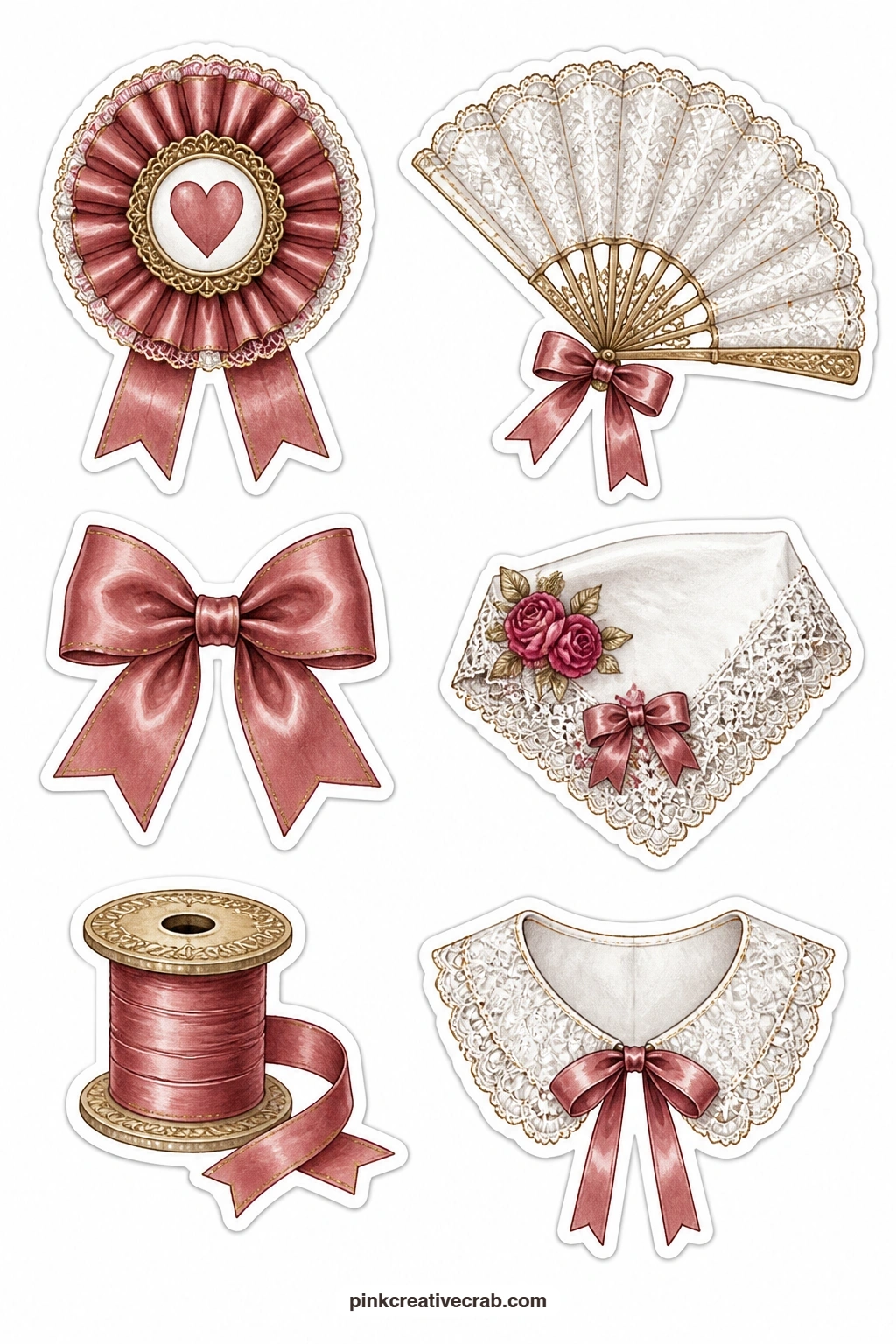 Satin Bow And Ribbon Rosette Labels printable page — These pieces pair naturally with the lace heart sheet near the start of this set, since both lean on fine