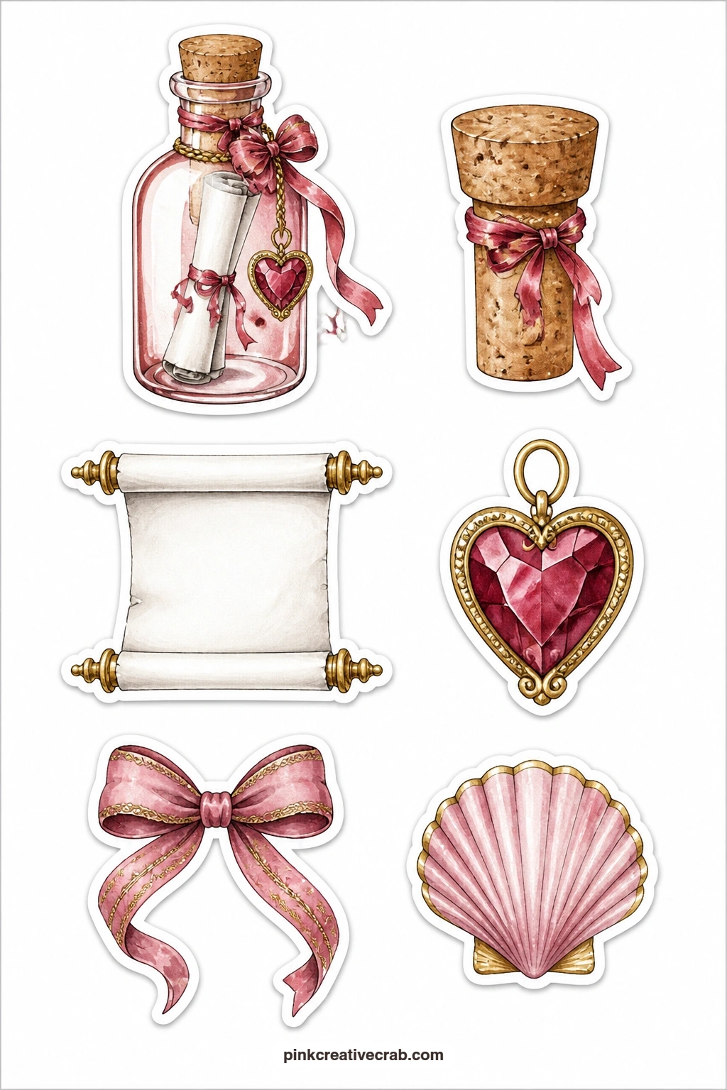 Message Bottle Stickers printable page — A message bottle, a cork, a blank scroll, a heart charm, a ribbon and a shell suit a seaside themed love letter or a