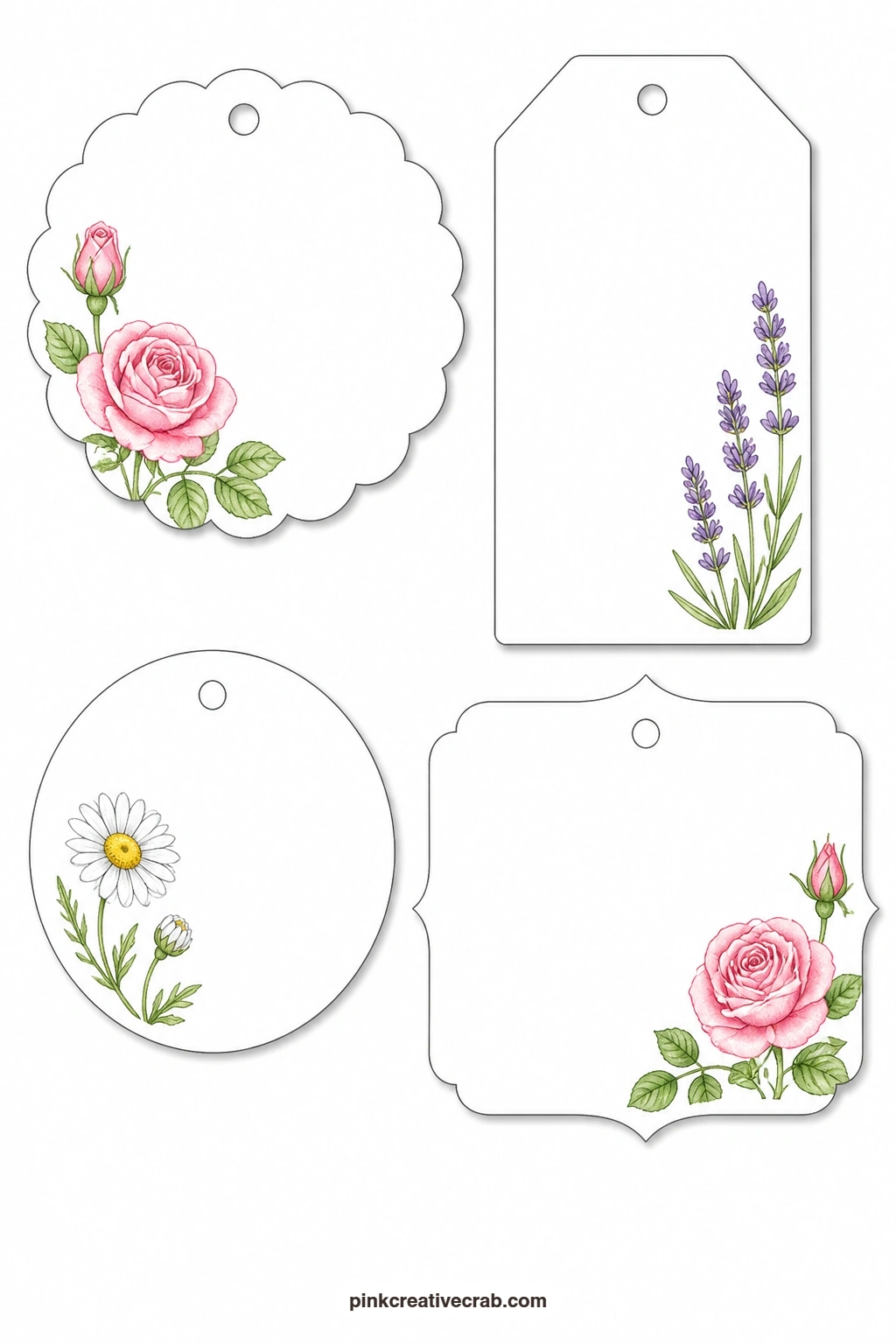 Rose Lavender Daisy Tags printable page — This first sheet carries three everyday favourites: a scalloped tag with a pink rose, a luggage tag with a lavender