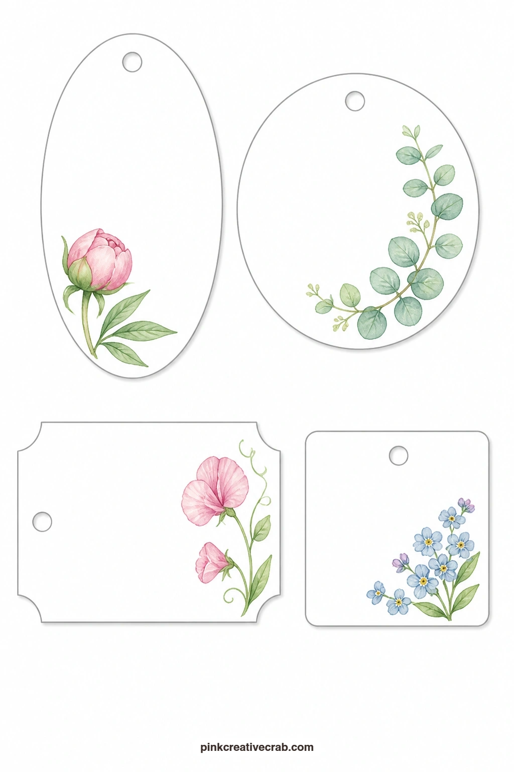 Peony Eucalyptus Sweet Pea Tags printable page — Soft and a little romantic, this sheet gives you an oval tag with a peony bud, a round tag with eucalyptus