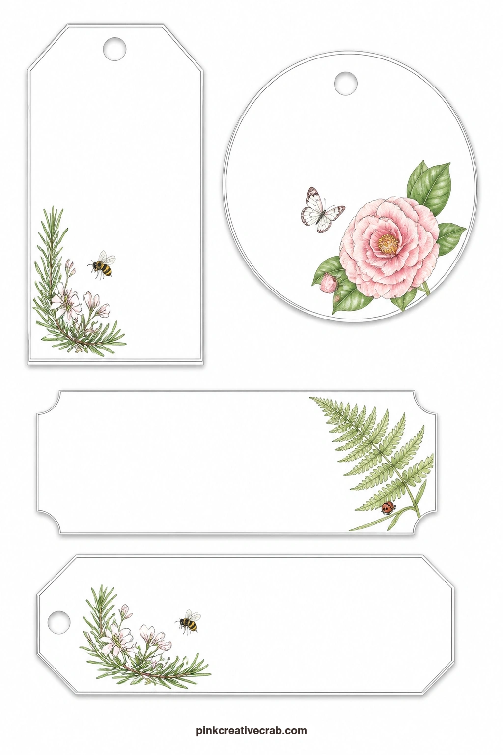 Rosemary Camellia Fern Tags printable page — Herbs take the lead here, with a luggage tag showing flowering rosemary paired with a round tag with a camellia