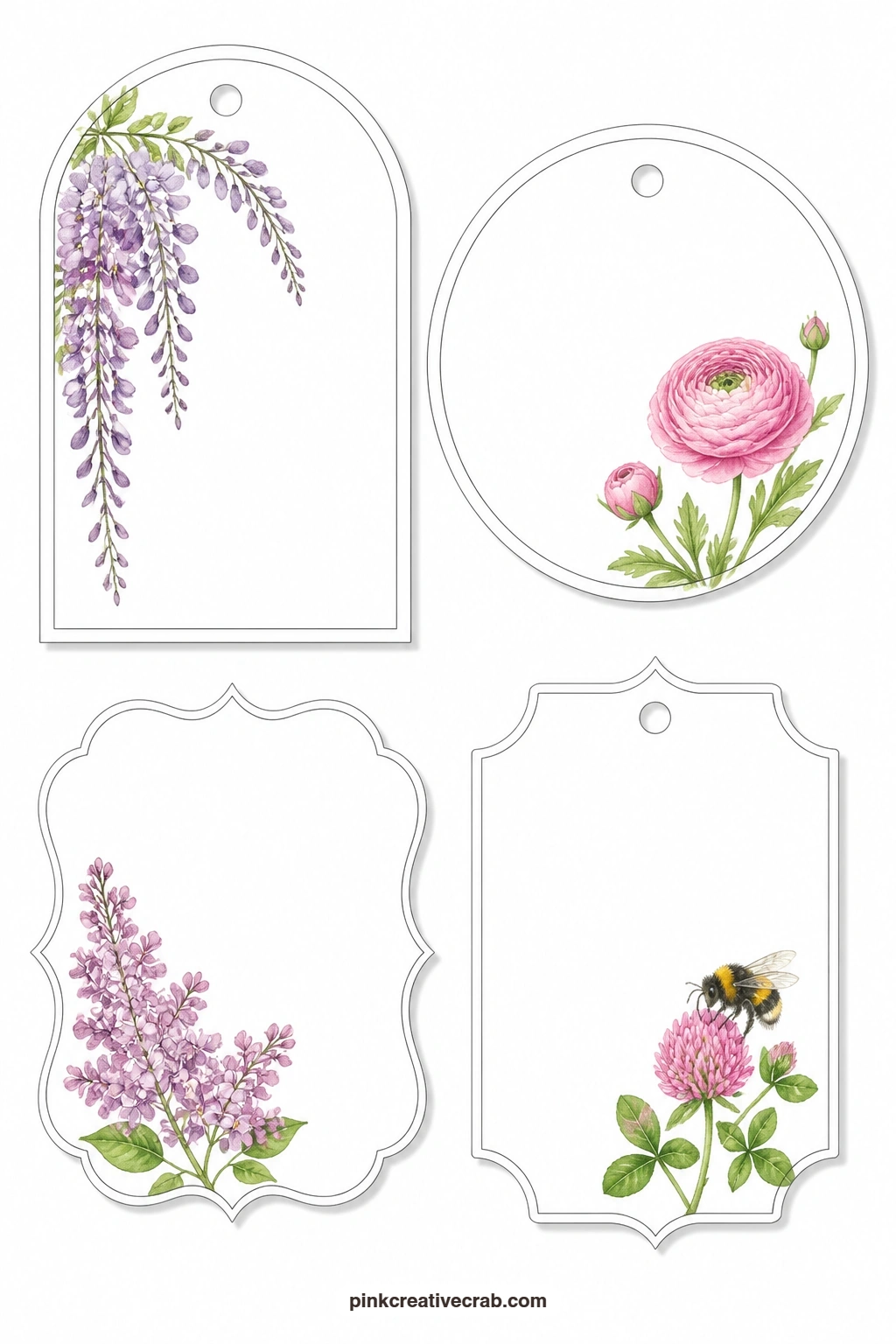 Wisteria Ranunculus Lilac Bee Tags printable page — This sheet leans fuller and more decorative, with an arched tag trailing wisteria, a round tag with a