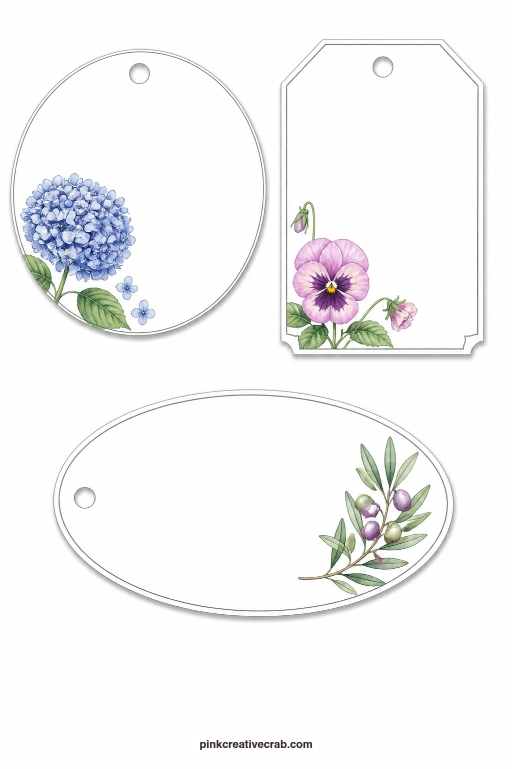 Hydrangea Pansy Olive Tags printable page — Cooler colours gather on this sheet: a round tag with a blue hydrangea head, a luggage tag with a pansy and an oval