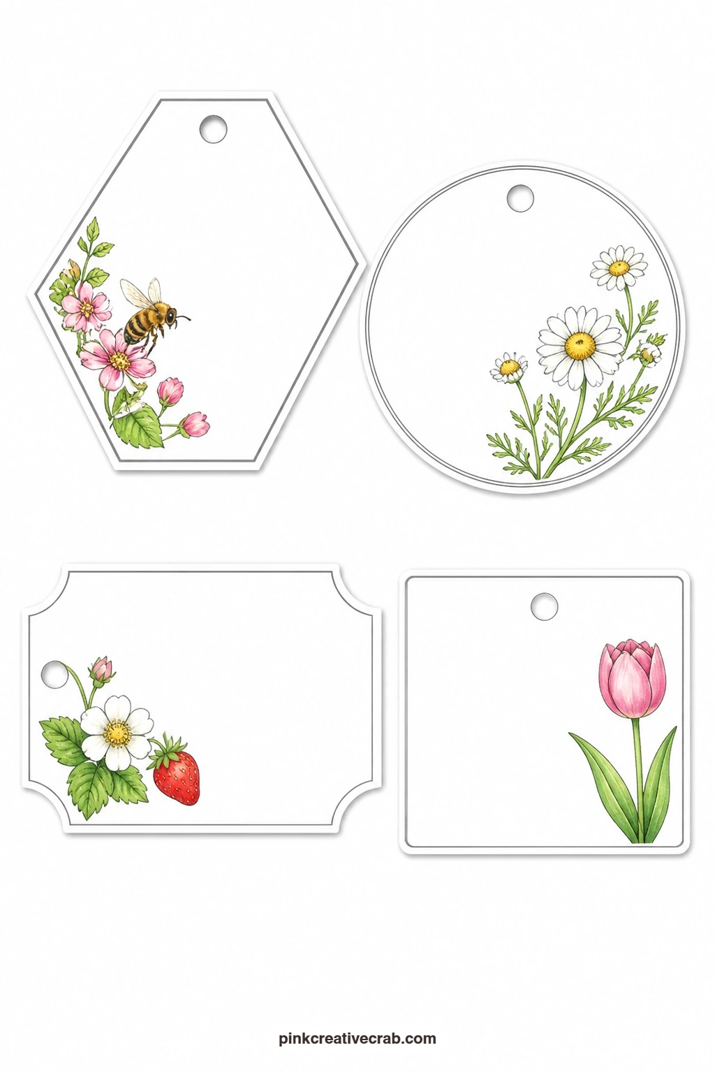 Honeybee Chamomile Strawberry Tulip Tags printable page — Pair this one with the sheet above for a little contrast of shapes, since it gives you a hexagon tag