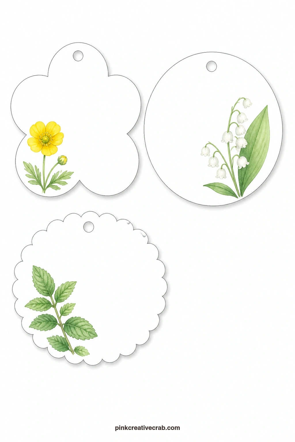 Buttercup Lily Mint Tags printable page — Small and informal flowers fill this sheet: a flower-shaped tag with a buttercup, a round tag with lily of the valley
