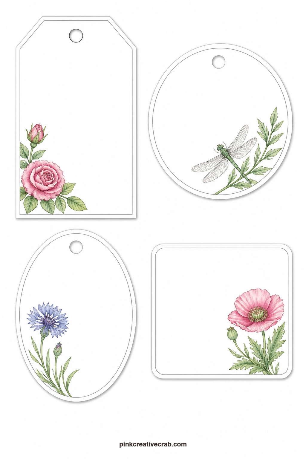 Garden Rose Dragonfly Cornflower Poppy Tags printable page — Dragonflies and poppies bring a summery feel to this sheet, which holds a luggage tag with a