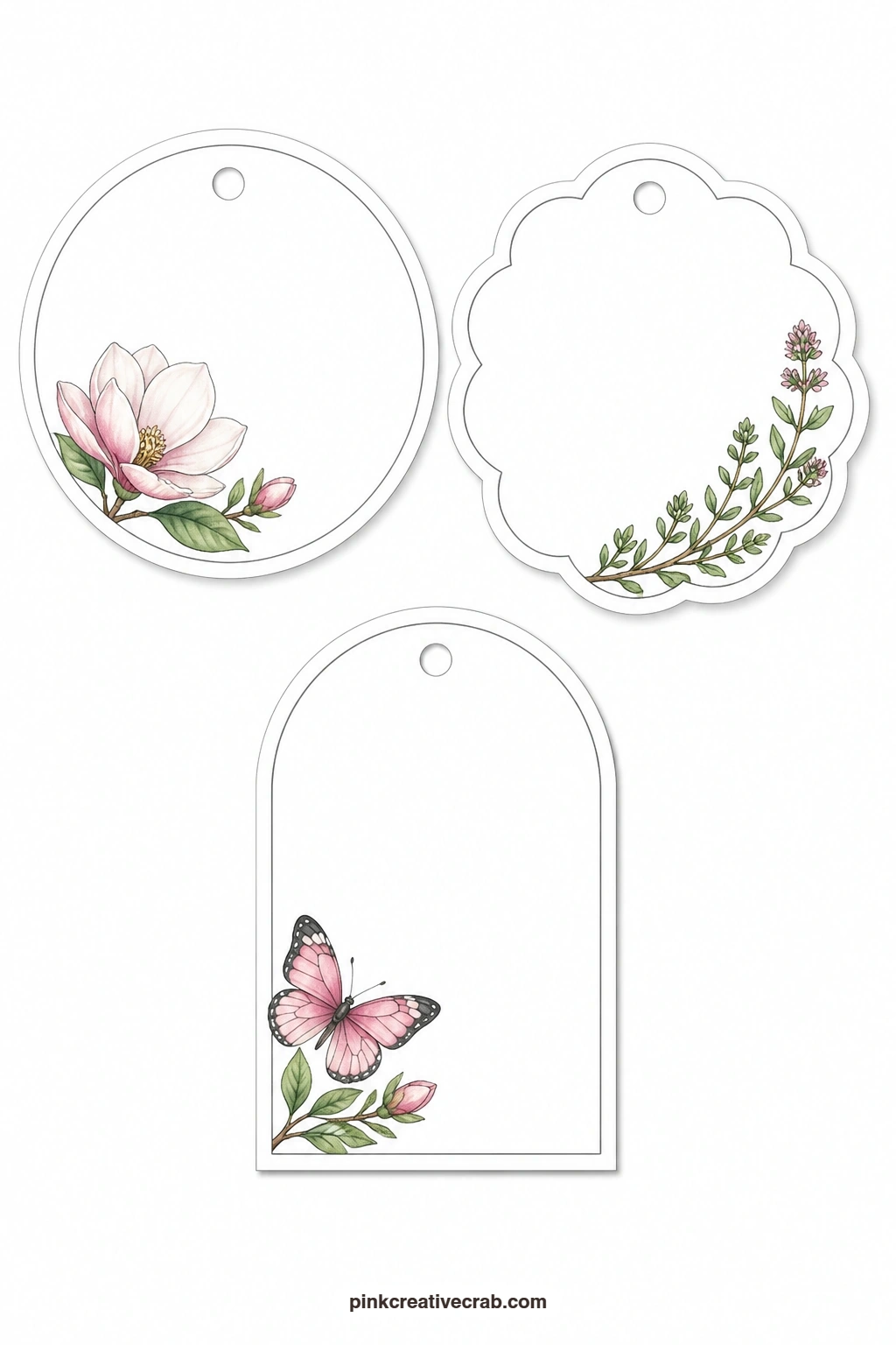 Magnolia Thyme Butterfly Tags printable page — This sheet mixes a bold bloom with something smaller, giving you a round tag with a magnolia, a scalloped tag