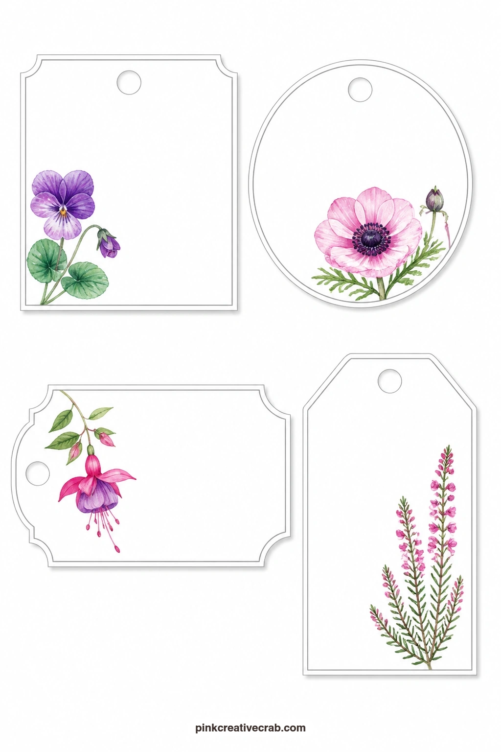 Violet Anemone Fuchsia Heather Tags printable page — Four smaller blooms share this sheet: a square tag with a violet, a round tag with an anemone, a ticket