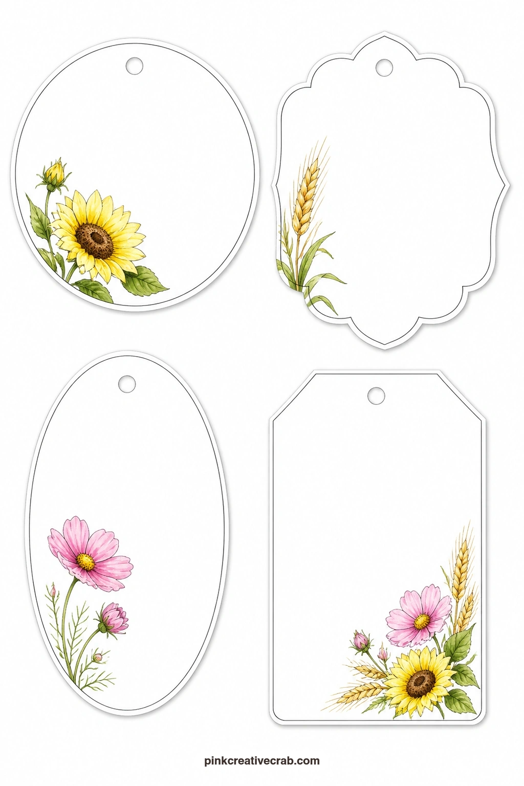 Sunflower Wheat Cosmos Tags printable page — Warm late summer colours arrive on this sheet: a round tag with a sunflower, a scalloped label with an ear of